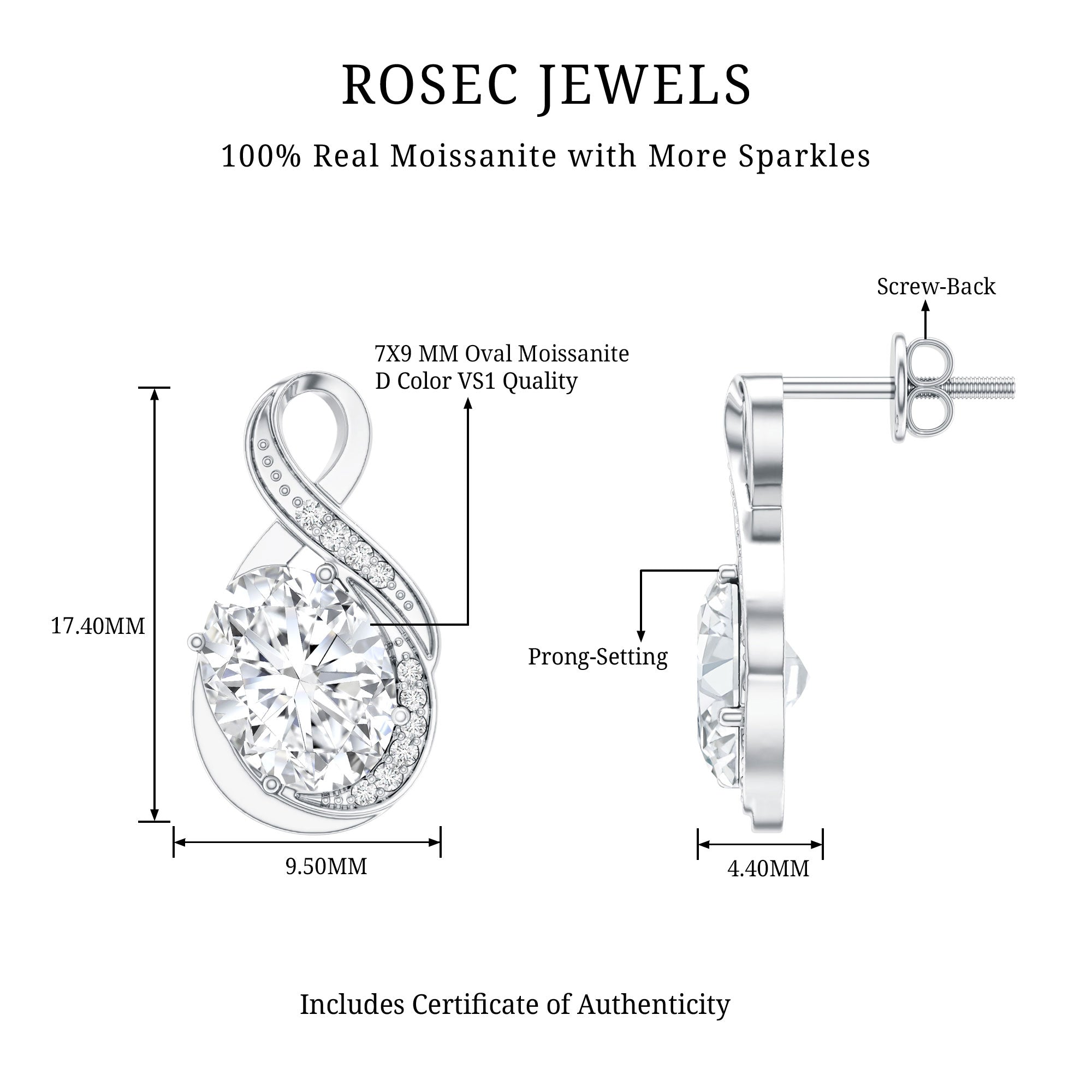 4 Carat Oval Cut Moissanite Infinity Stud Earrings in Silver D-VS1 92.5 Sterling Silver - Rosec Jewels
