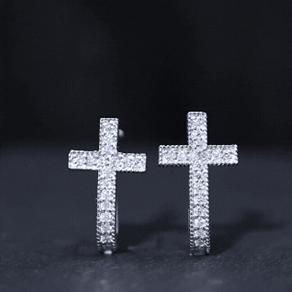 Certified Moissanite Cross J Hoop Earrings in Sterling Silver D-VS1 92.5 Sterling Silver - Rosec Jewels