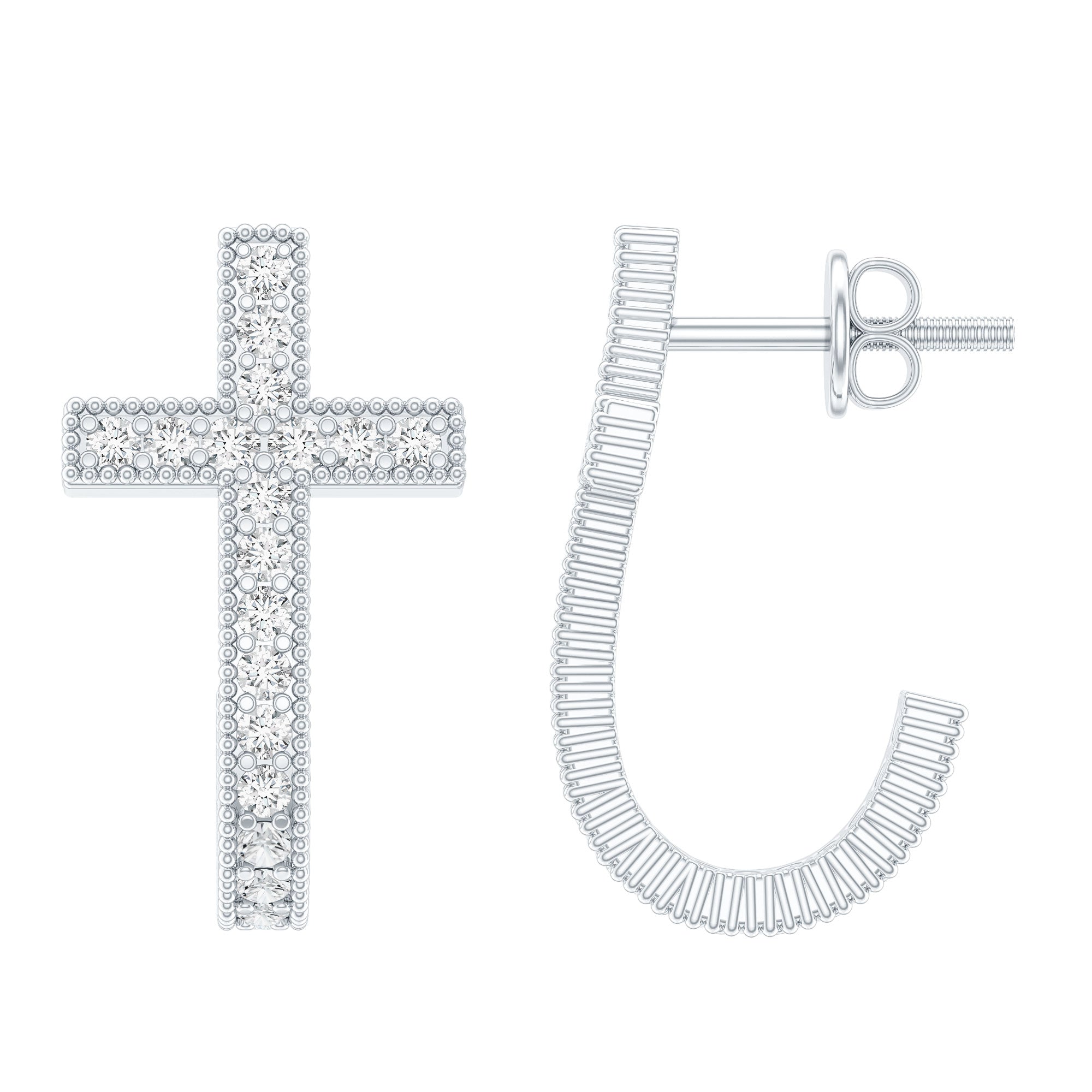 Certified Moissanite Cross J Hoop Earrings in Sterling Silver D-VS1 92.5 Sterling Silver - Rosec Jewels