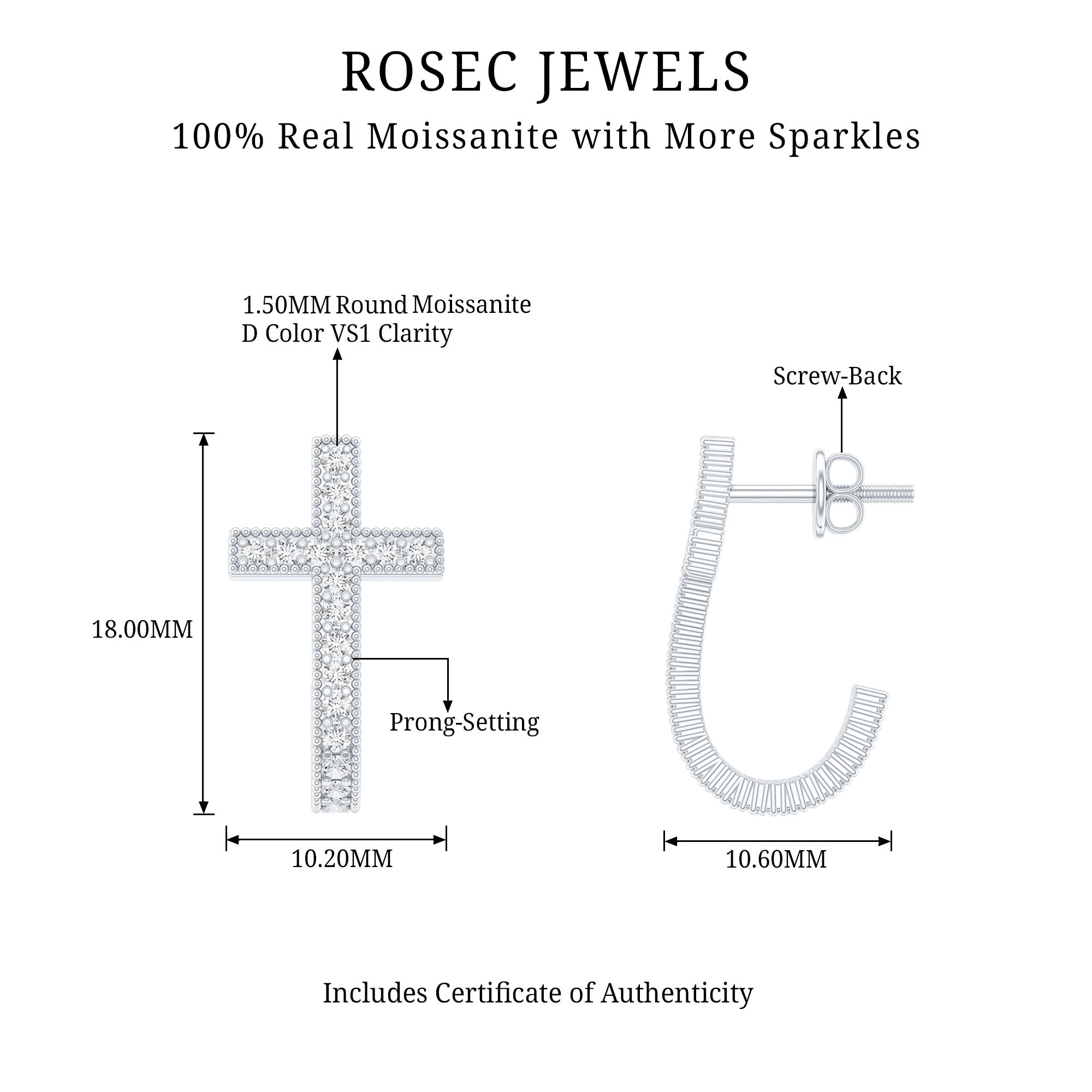 Certified Moissanite Cross J Hoop Earrings in Sterling Silver D-VS1 92.5 Sterling Silver - Rosec Jewels