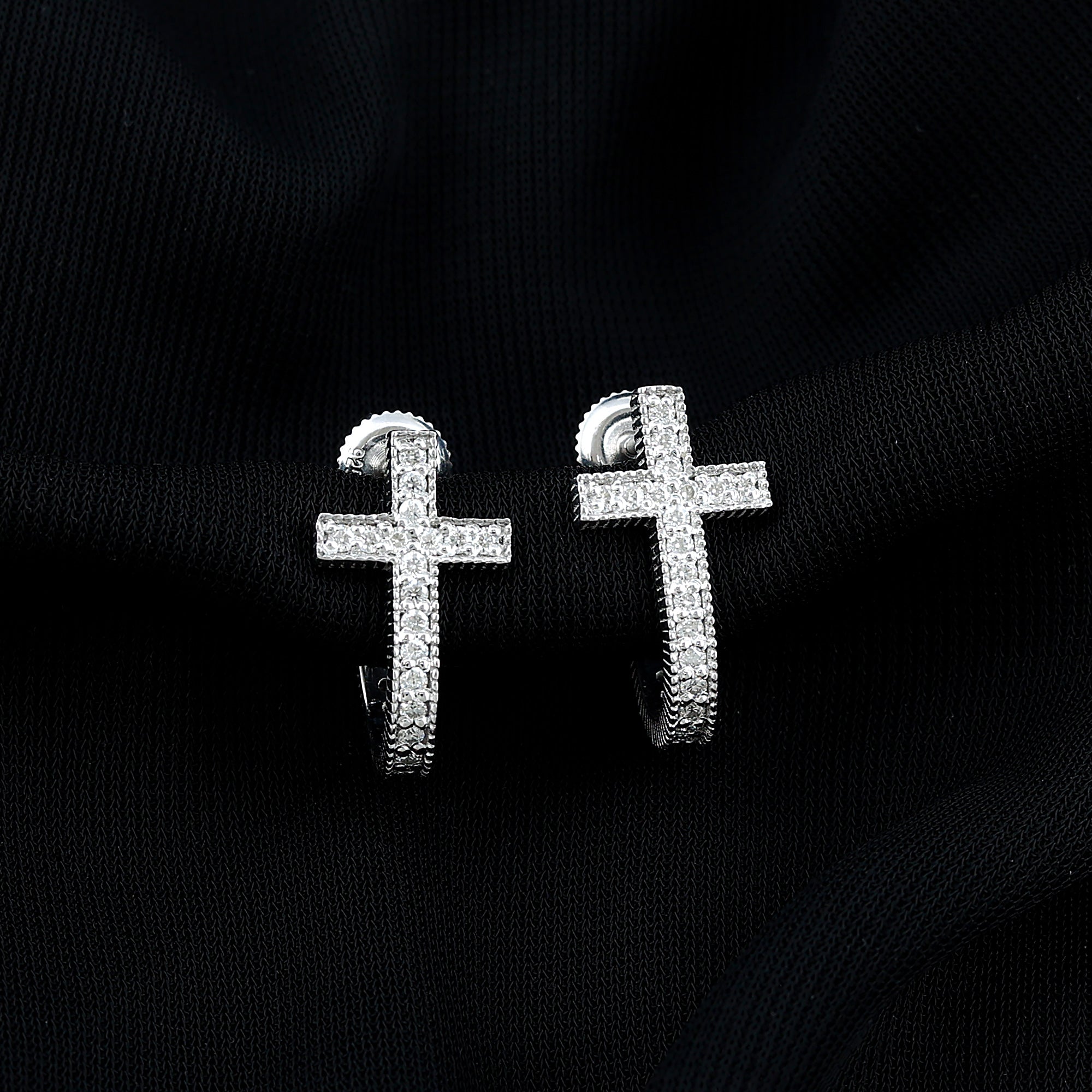 Certified Moissanite Cross J Hoop Earrings in Sterling Silver D-VS1 92.5 Sterling Silver - Rosec Jewels