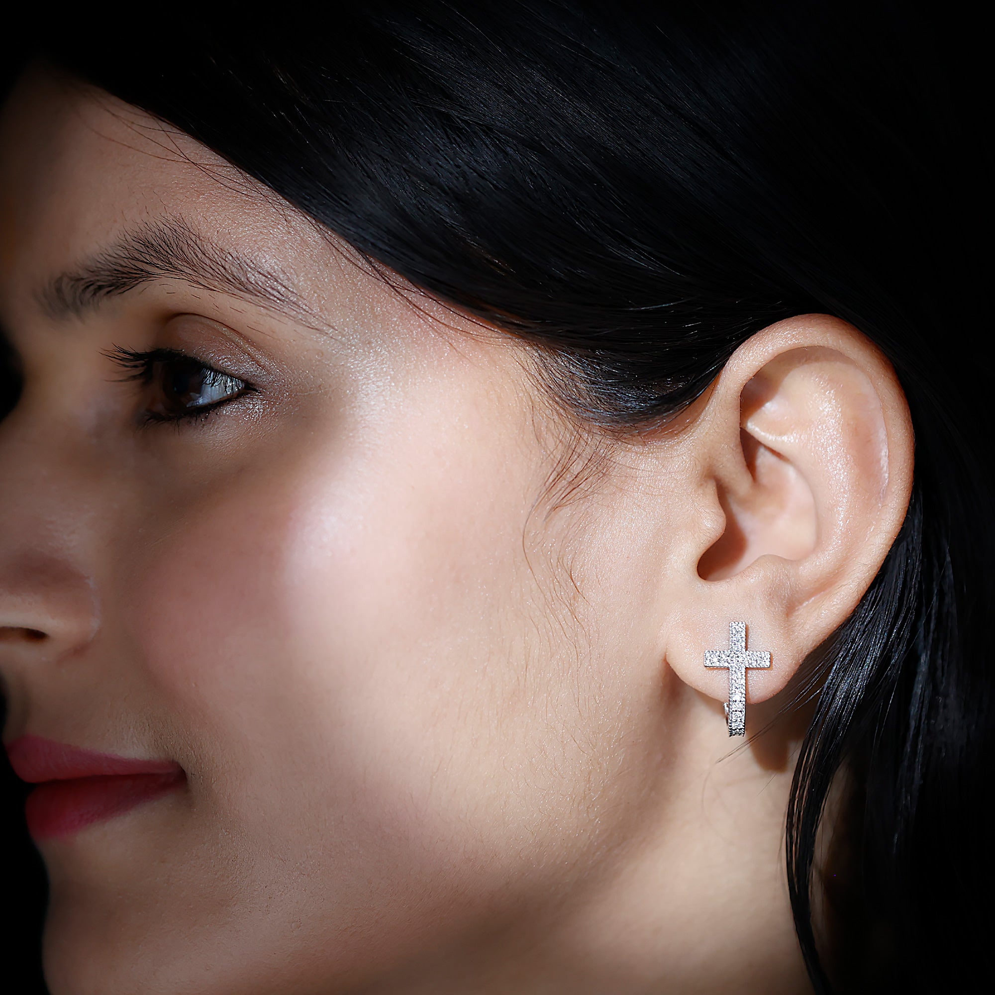 Certified Moissanite Cross J Hoop Earrings in Sterling Silver D-VS1 92.5 Sterling Silver - Rosec Jewels
