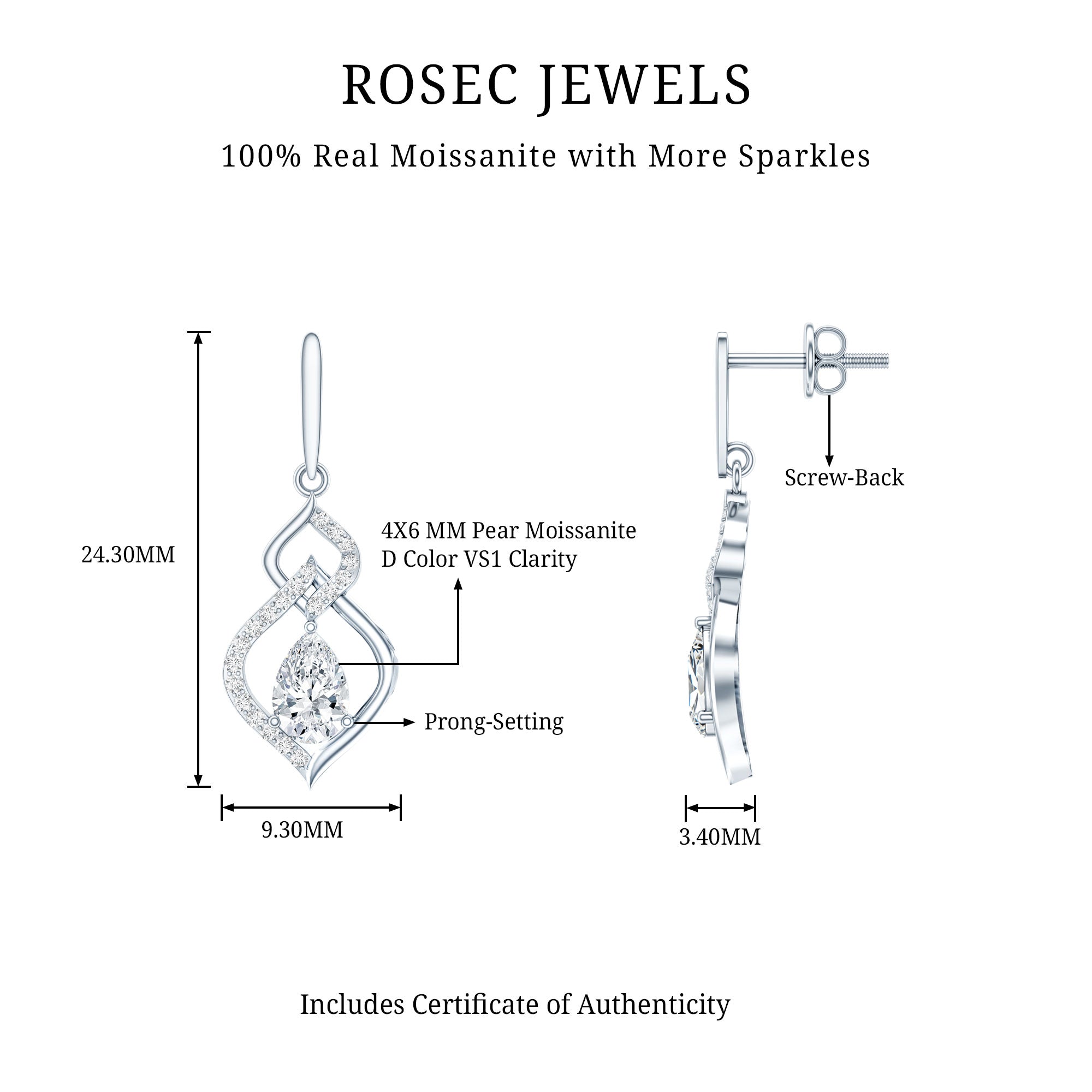 Certified 1 Carat Pear Shaped Moissanite Dangle Earrings for Wedding D-VS1 92.5 Sterling Silver - Rosec Jewels