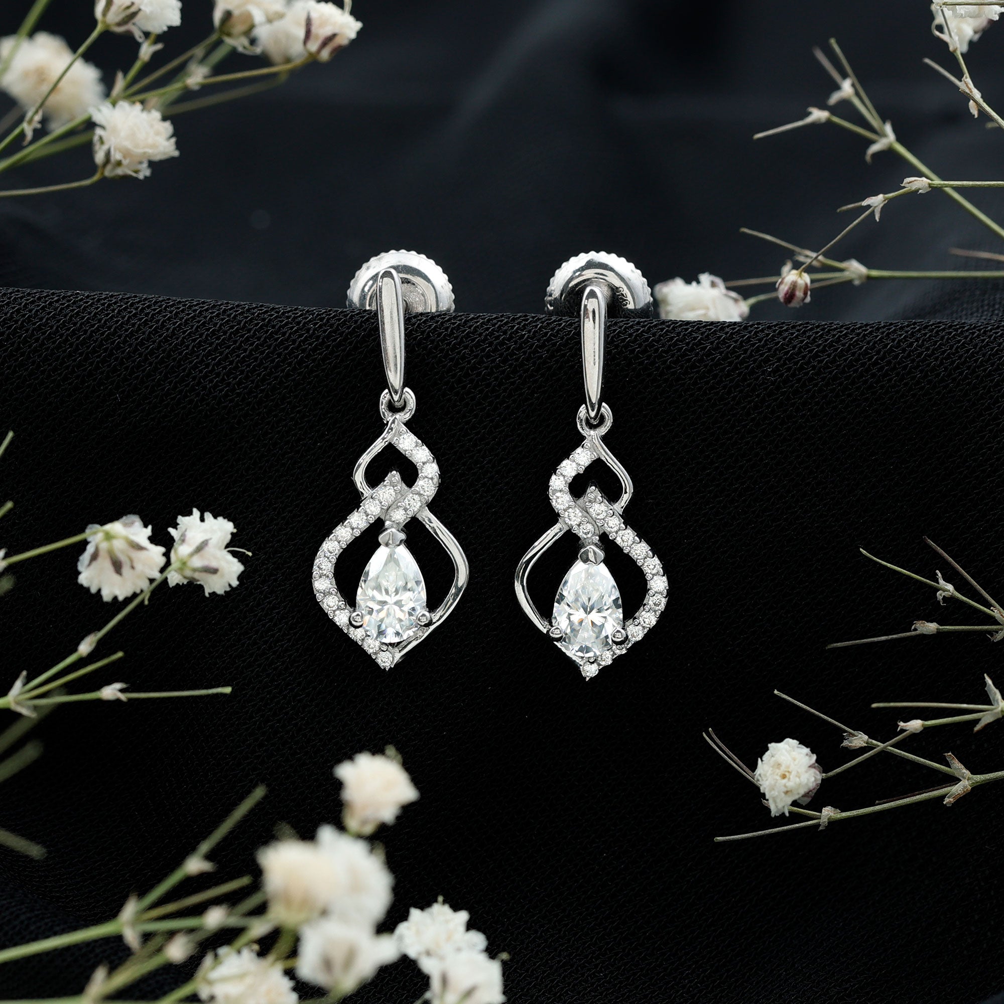 Certified 1 Carat Pear Shaped Moissanite Dangle Earrings for Wedding D-VS1 92.5 Sterling Silver - Rosec Jewels