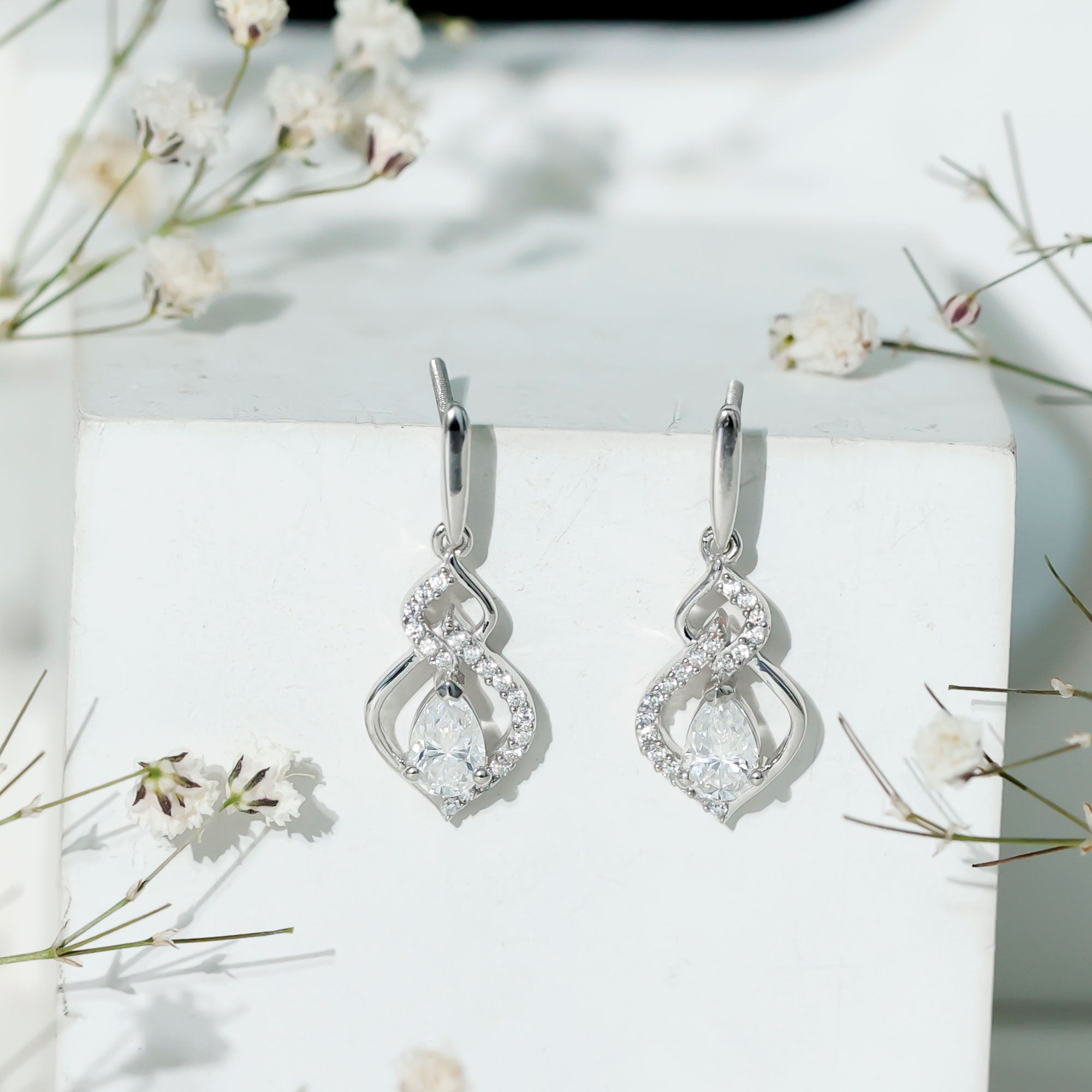 Certified 1 Carat Pear Shaped Moissanite Dangle Earrings for Wedding D-VS1 92.5 Sterling Silver - Rosec Jewels