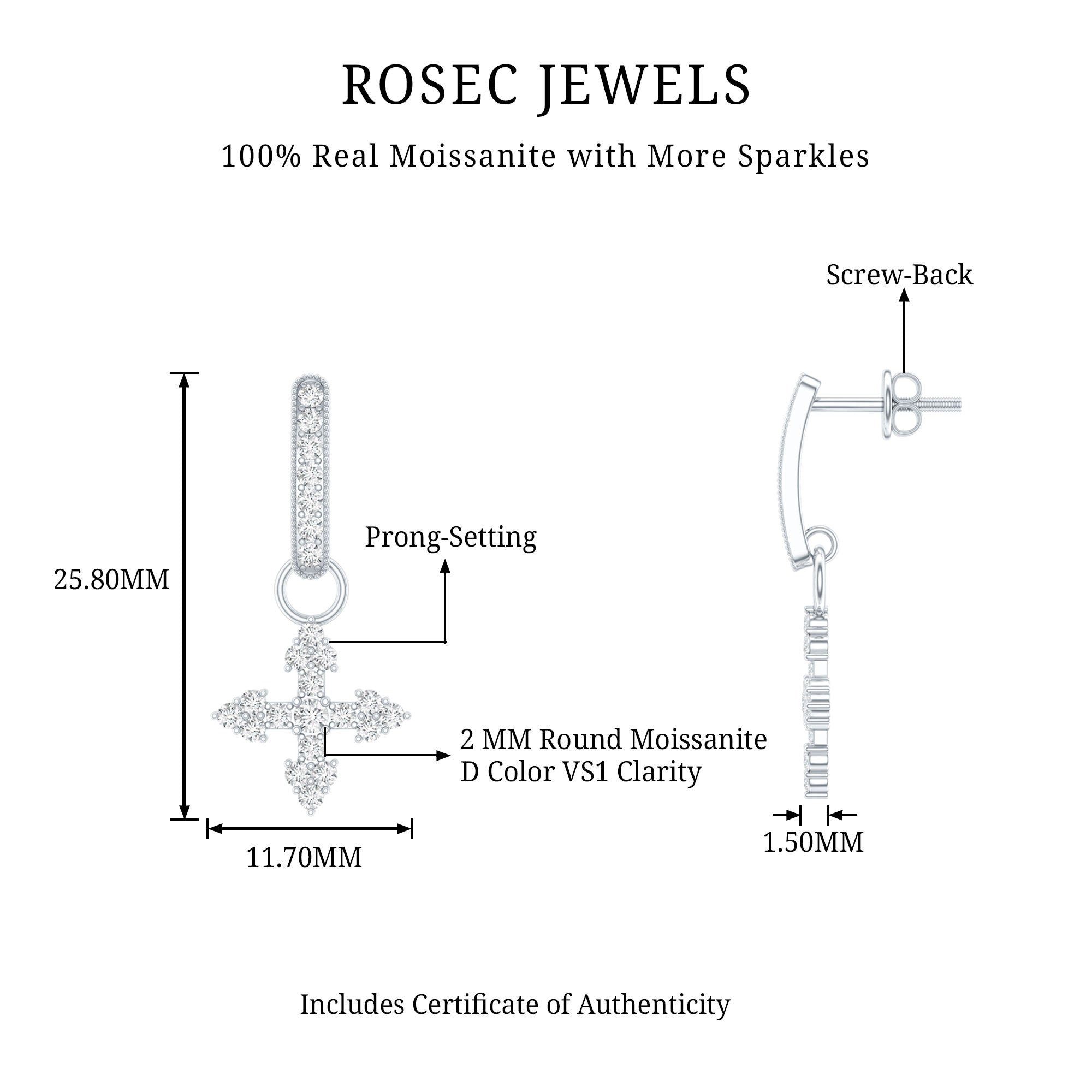 Certified Moissanite Cross Drop Earrings in Sterling Silver D-VS1 92.5 Sterling Silver - Rosec Jewels
