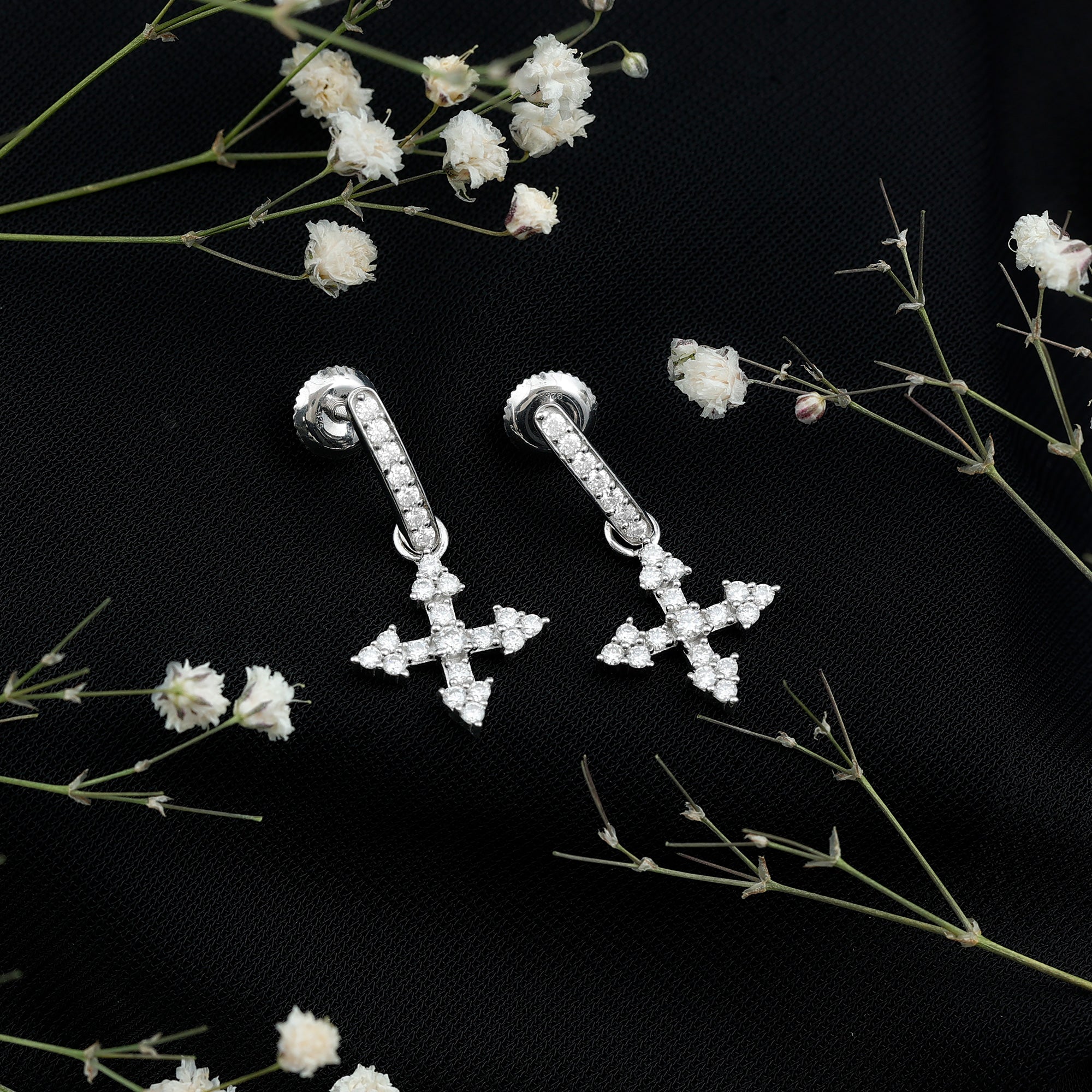 Certified Moissanite Cross Drop Earrings in Sterling Silver D-VS1 92.5 Sterling Silver - Rosec Jewels