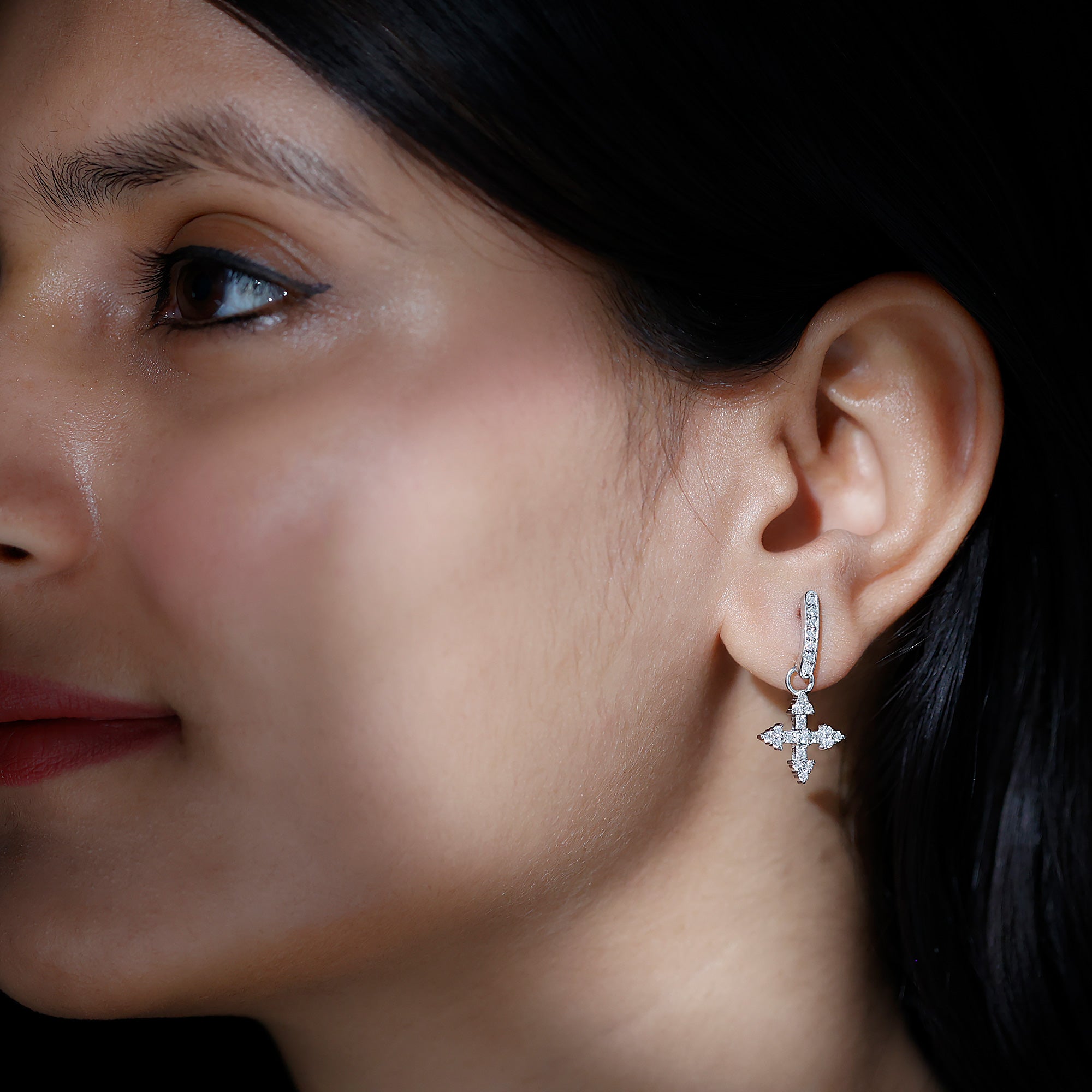 Certified Moissanite Cross Drop Earrings in Sterling Silver D-VS1 92.5 Sterling Silver - Rosec Jewels