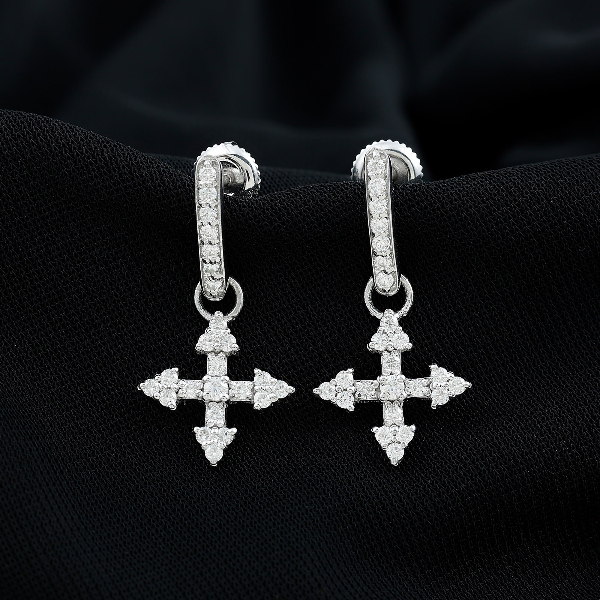 Certified Moissanite Cross Drop Earrings in Sterling Silver D-VS1 92.5 Sterling Silver - Rosec Jewels