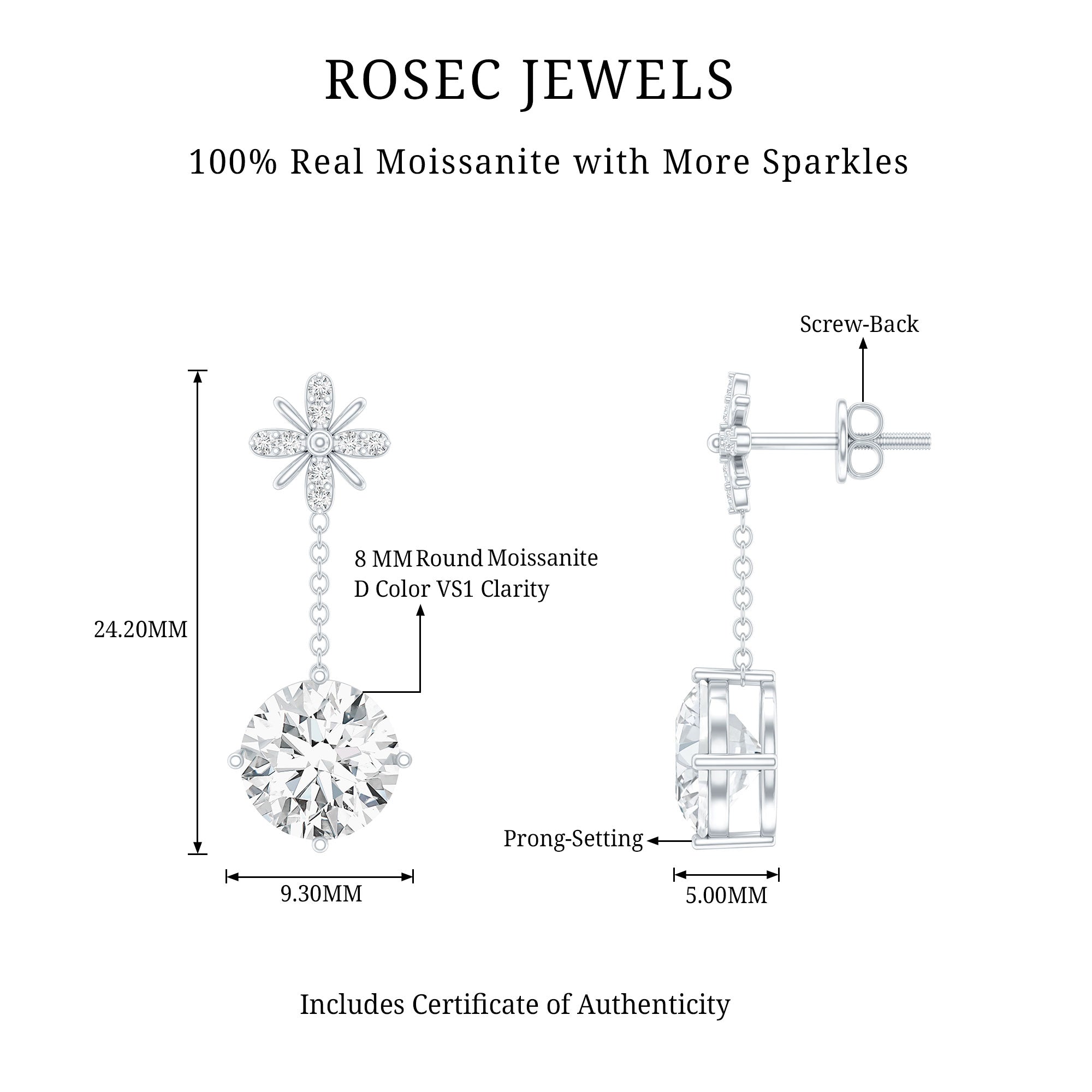 Floral Inspired 4.2 Carat Moissanite Dangling Earrings in Silver D-VS1 92.5 Sterling Silver - Rosec Jewels