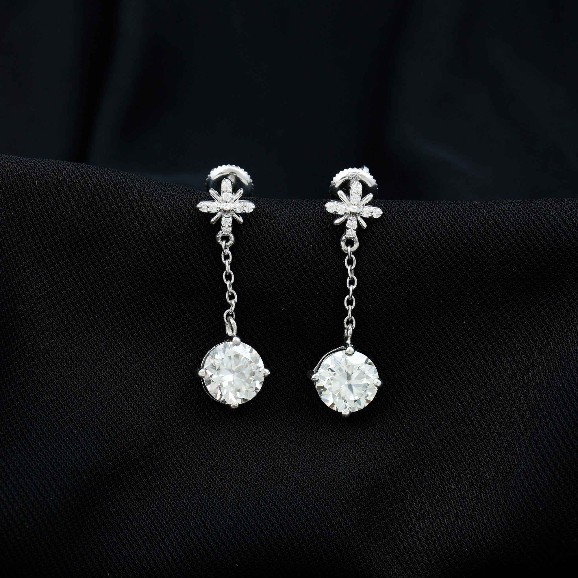 Floral Inspired 4.2 Carat Moissanite Dangling Earrings in Silver D-VS1 92.5 Sterling Silver - Rosec Jewels