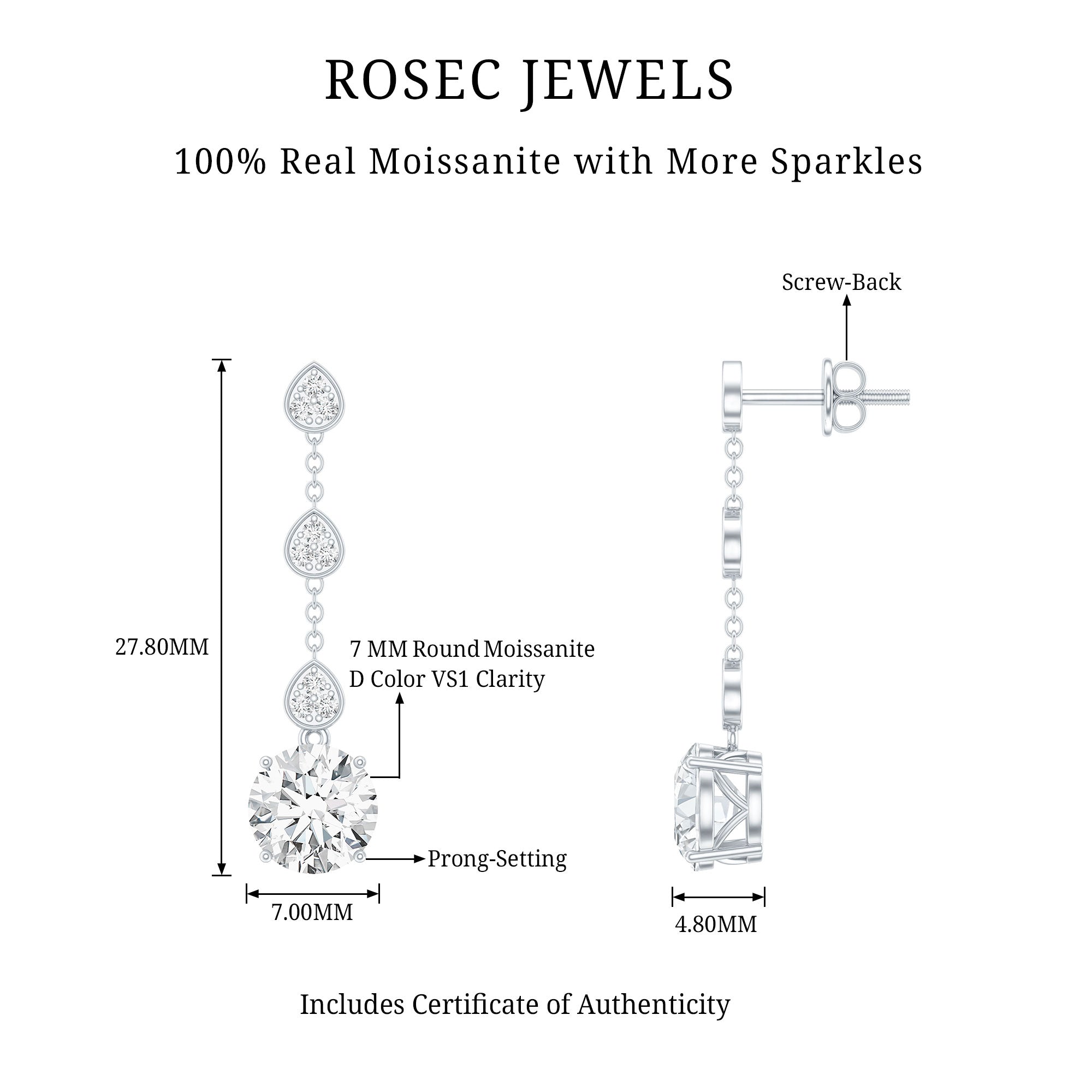 Certified 2.7 Carat Moissanite Dangling Earrings in Silver D-VS1 92.5 Sterling Silver - Rosec Jewels