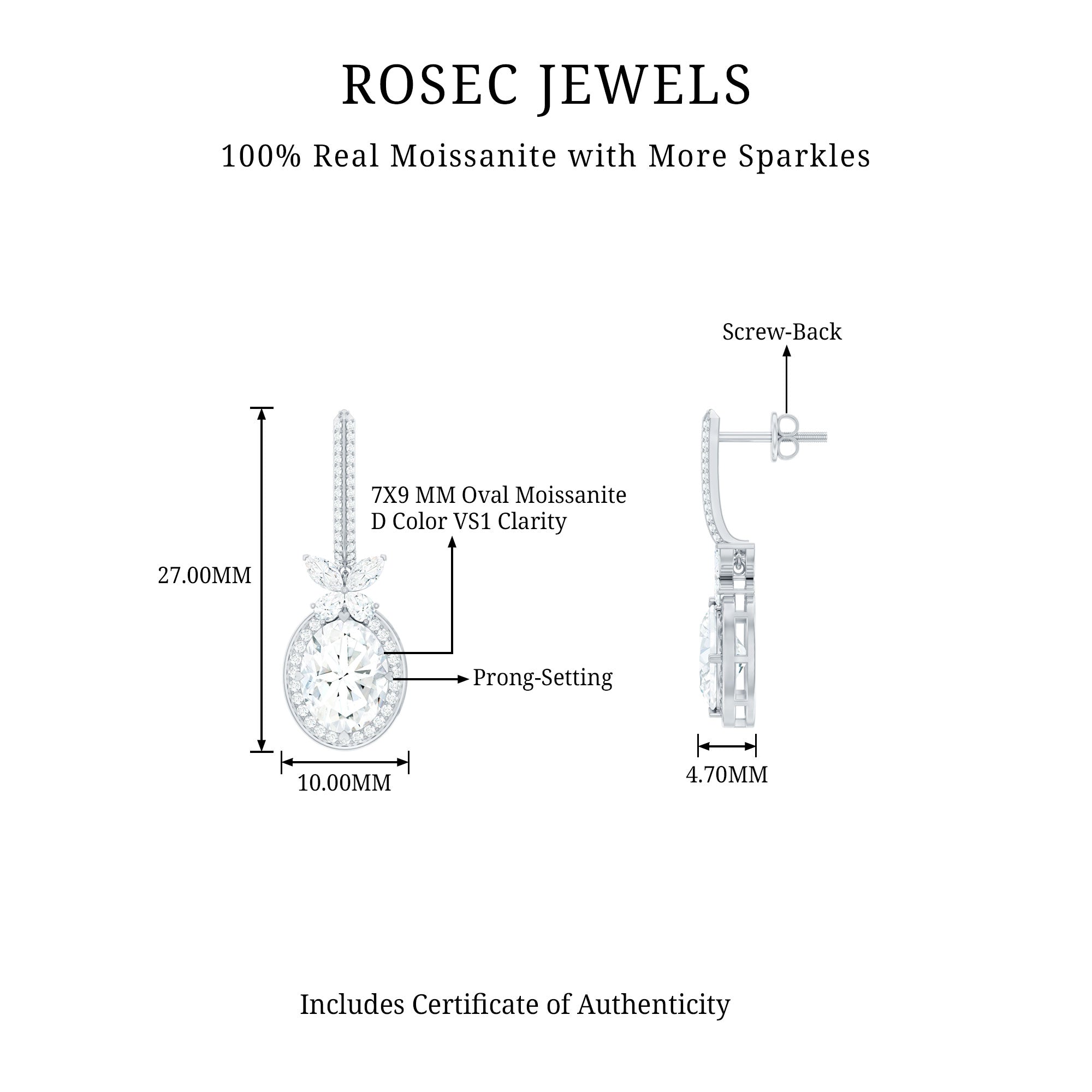 Certified 7X9 MM Oval Moissanite Wedding Drop Earrings with Screw Back D-VS1 92.5 Sterling Silver - Rosec Jewels