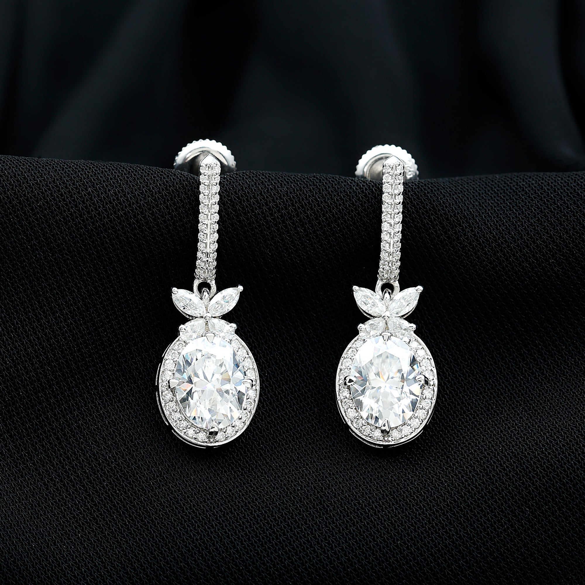 Certified 7X9 MM Oval Moissanite Wedding Drop Earrings with Screw Back D-VS1 92.5 Sterling Silver - Rosec Jewels