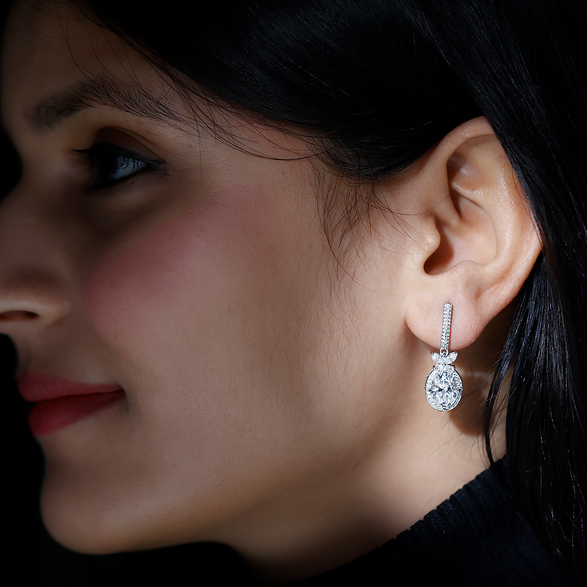 Certified 7X9 MM Oval Moissanite Wedding Drop Earrings with Screw Back D-VS1 92.5 Sterling Silver - Rosec Jewels