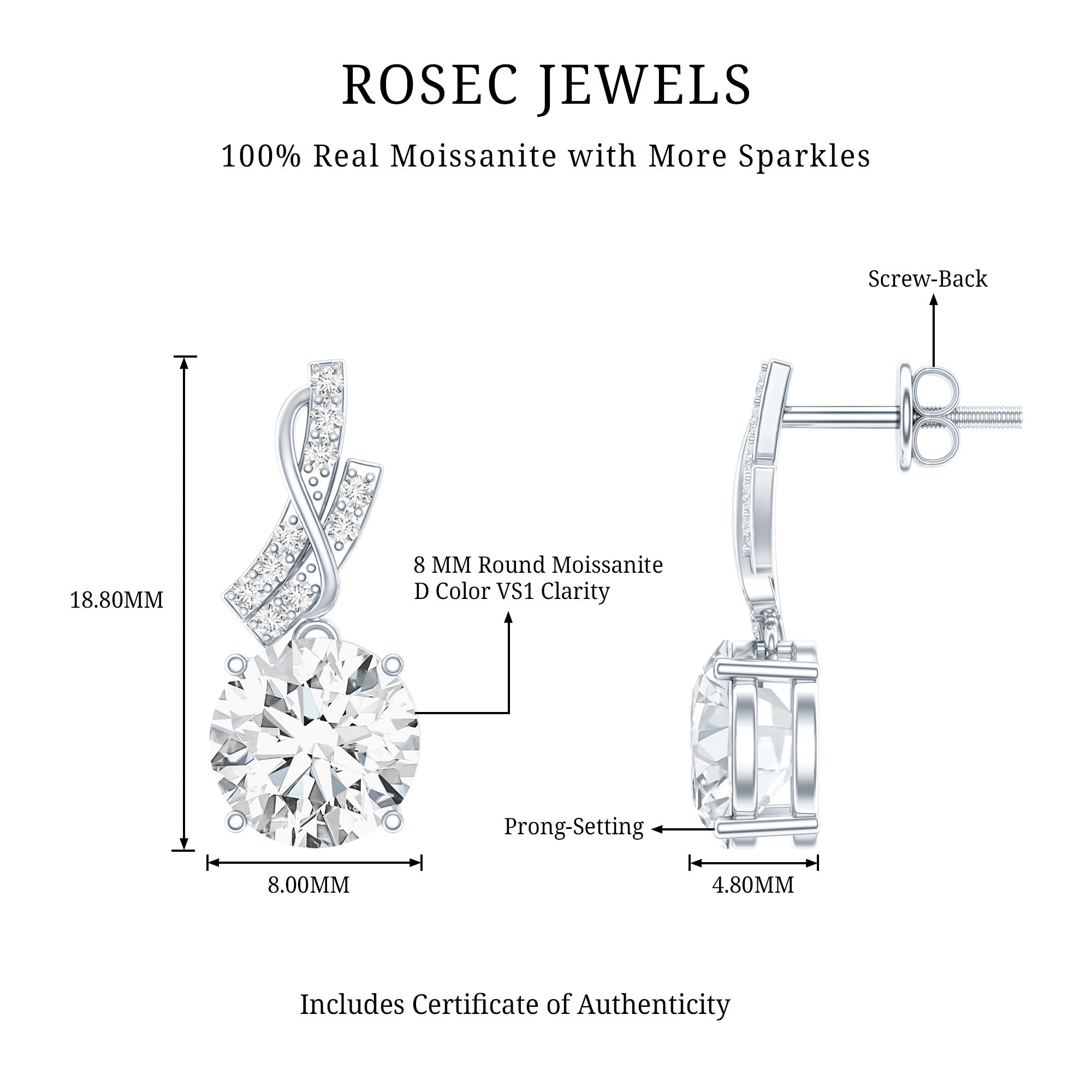 4.2 CT Certified Moissanite Designer Drop Earrings in Silver D-VS1 92.5 Sterling Silver - Rosec Jewels