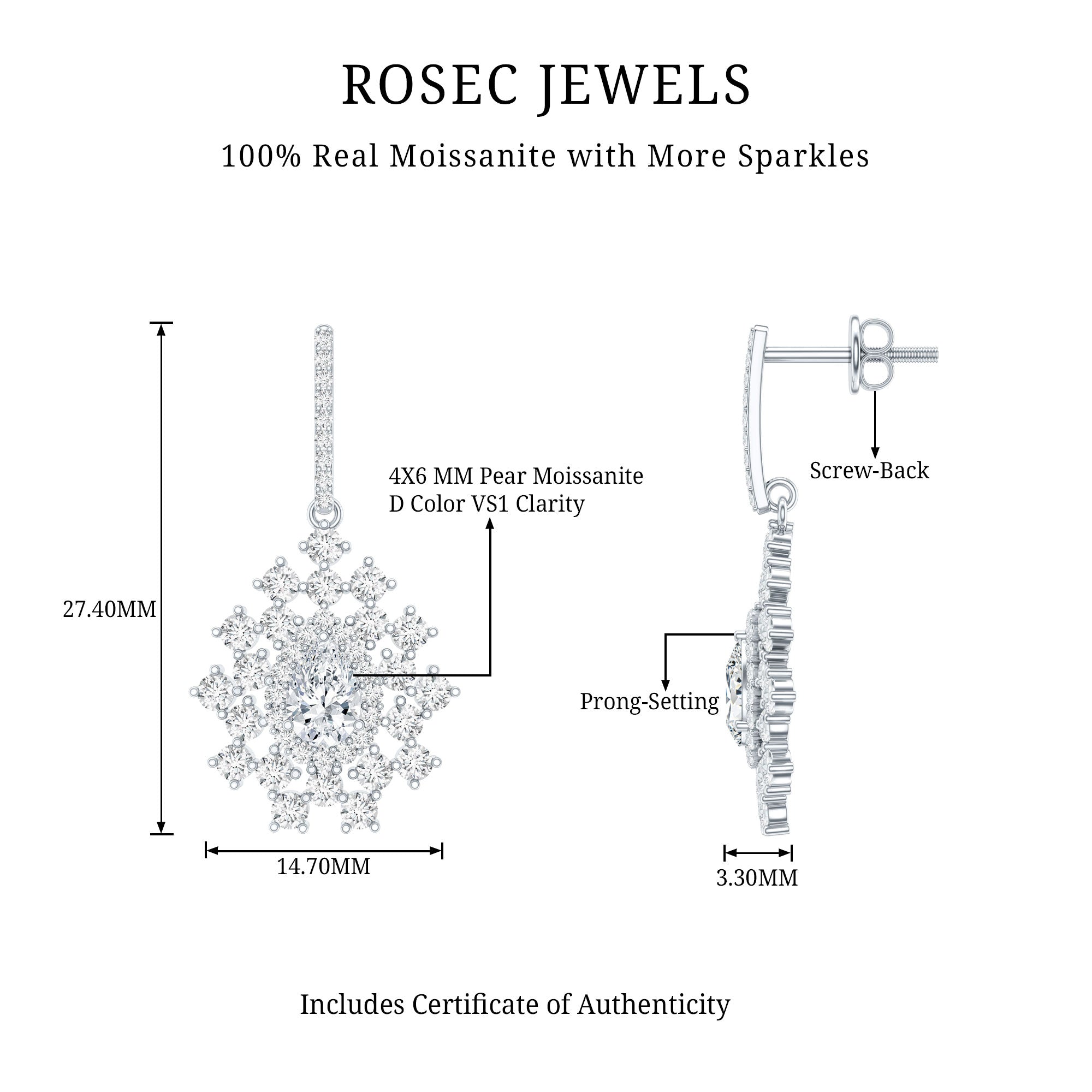 Certified Moissanite Statement Drop Earrings for Wedding D-VS1 92.5 Sterling Silver - Rosec Jewels
