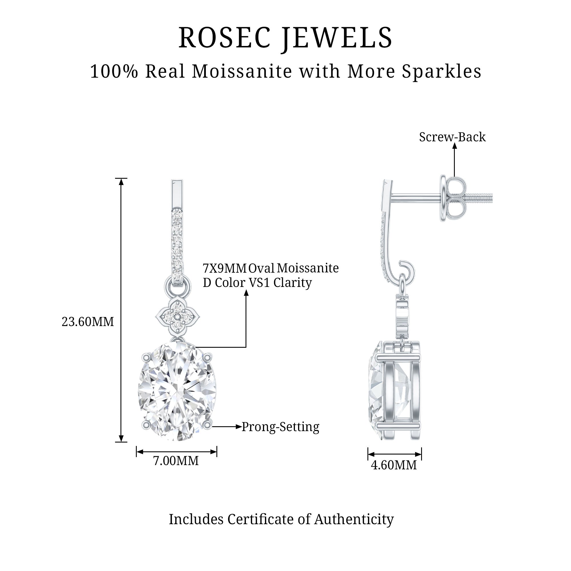 Certified Oval Shaped 4 Carat Moissanite Dangle Drop Earrings for Women D-VS1 92.5 Sterling Silver - Rosec Jewels