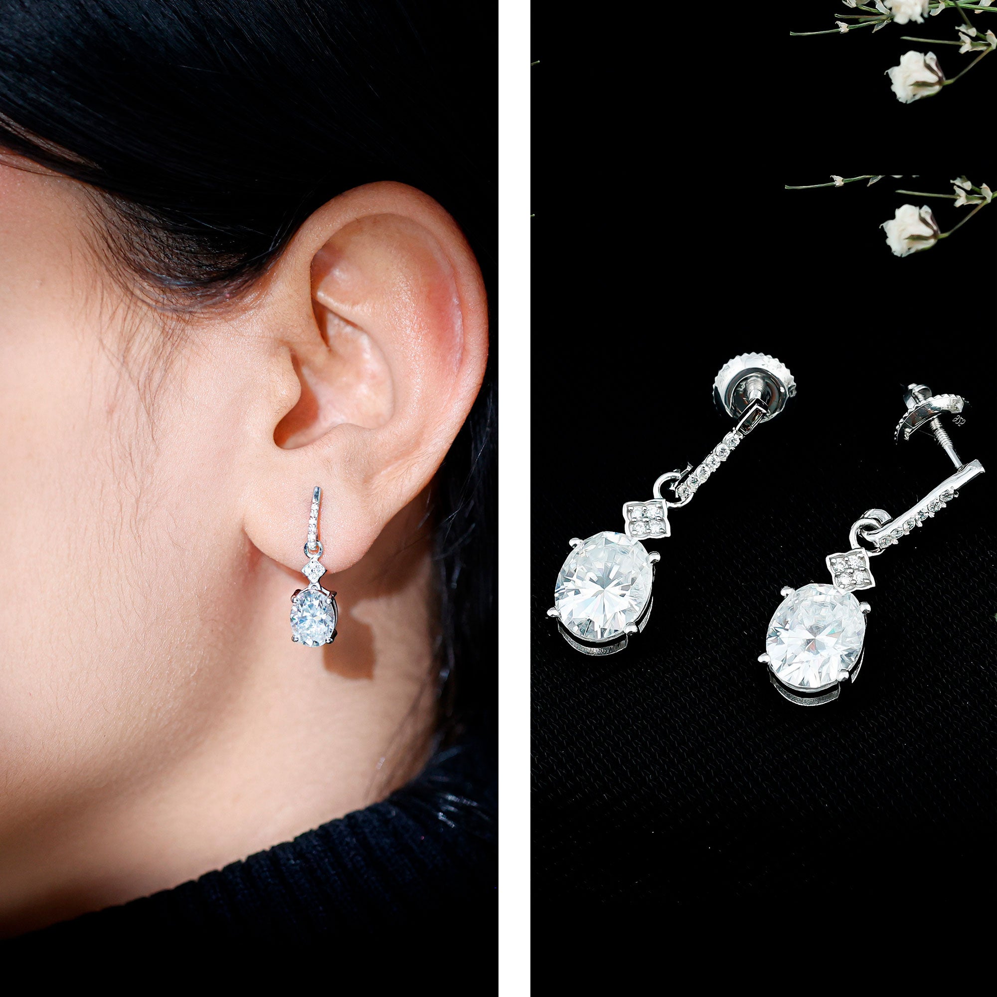 Certified Oval Shaped 4 Carat Moissanite Dangle Drop Earrings for Women D-VS1 92.5 Sterling Silver - Rosec Jewels