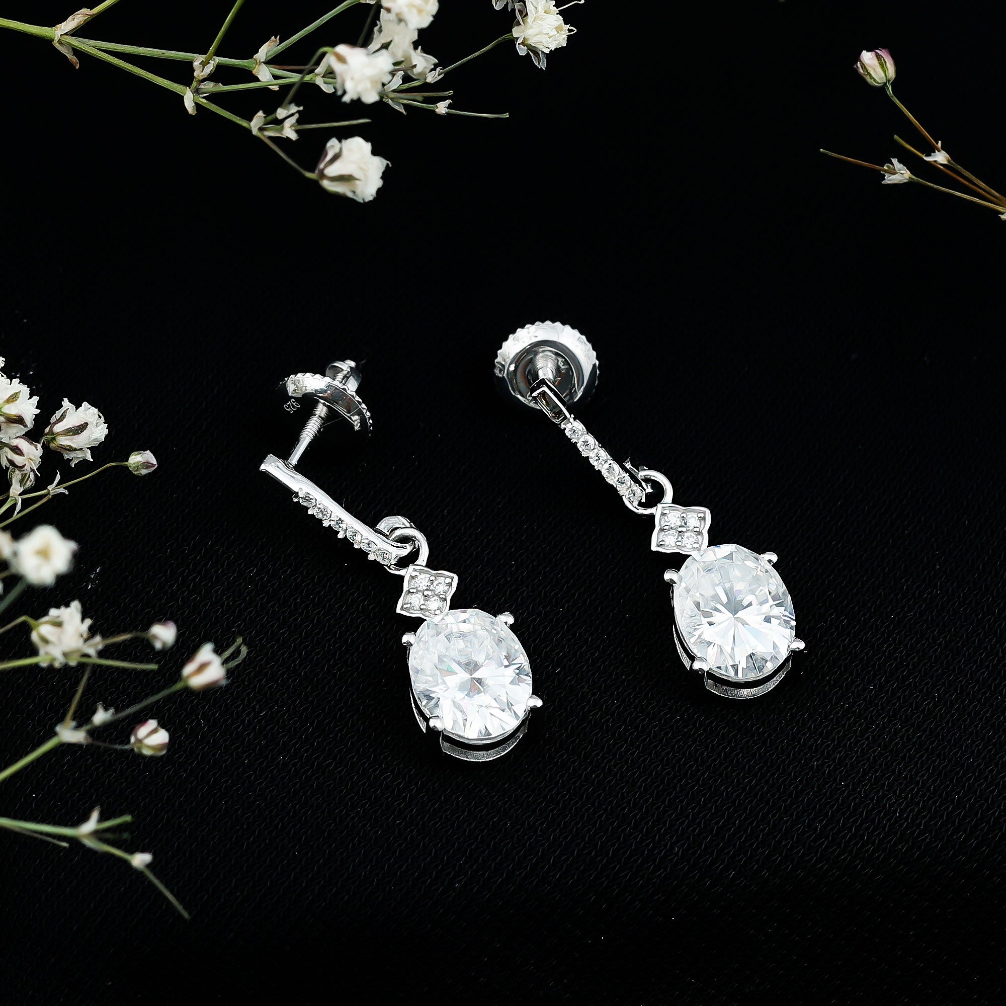 Certified Oval Shaped 4 Carat Moissanite Dangle Drop Earrings for Women D-VS1 92.5 Sterling Silver - Rosec Jewels