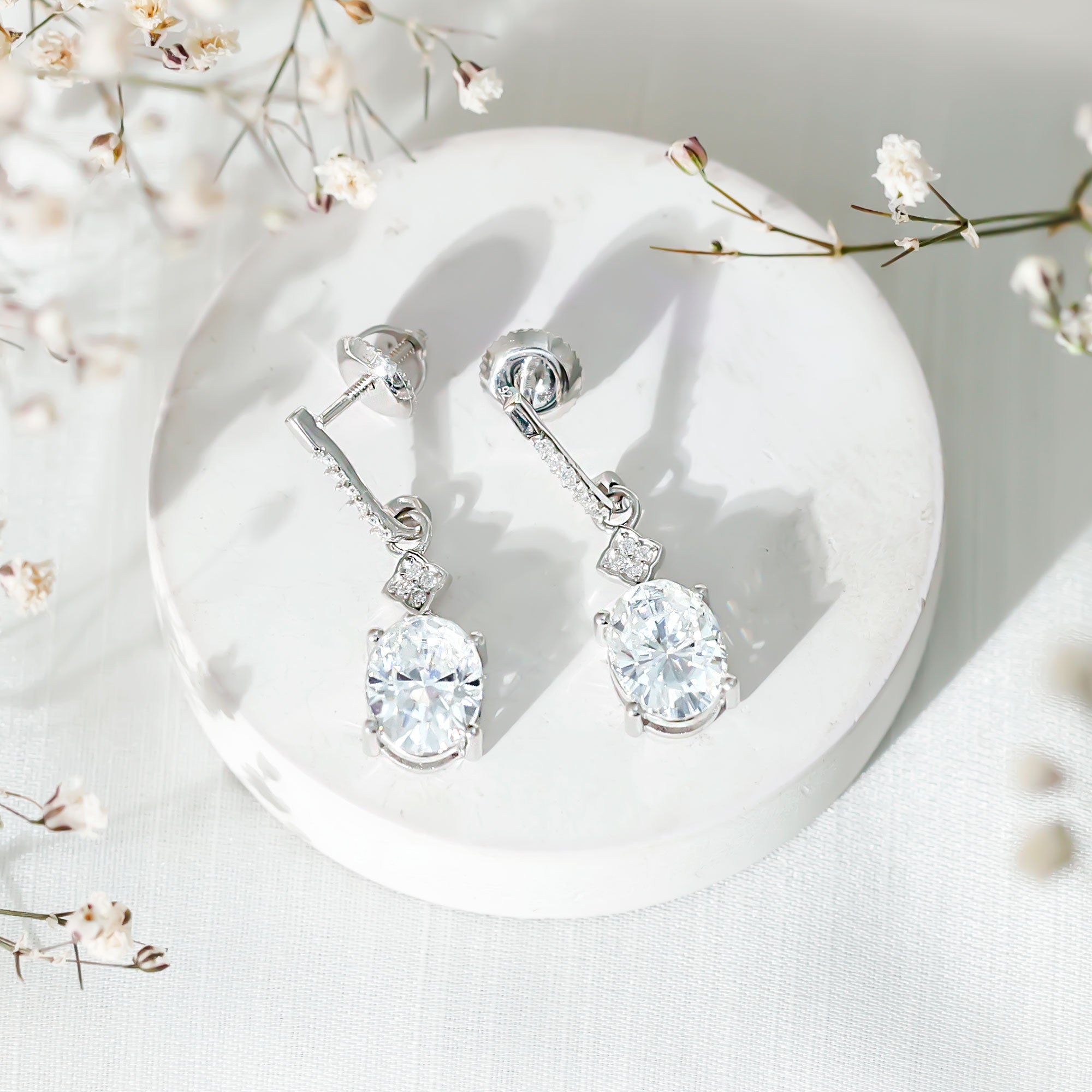Certified Oval Shaped 4 Carat Moissanite Dangle Drop Earrings for Women D-VS1 92.5 Sterling Silver - Rosec Jewels