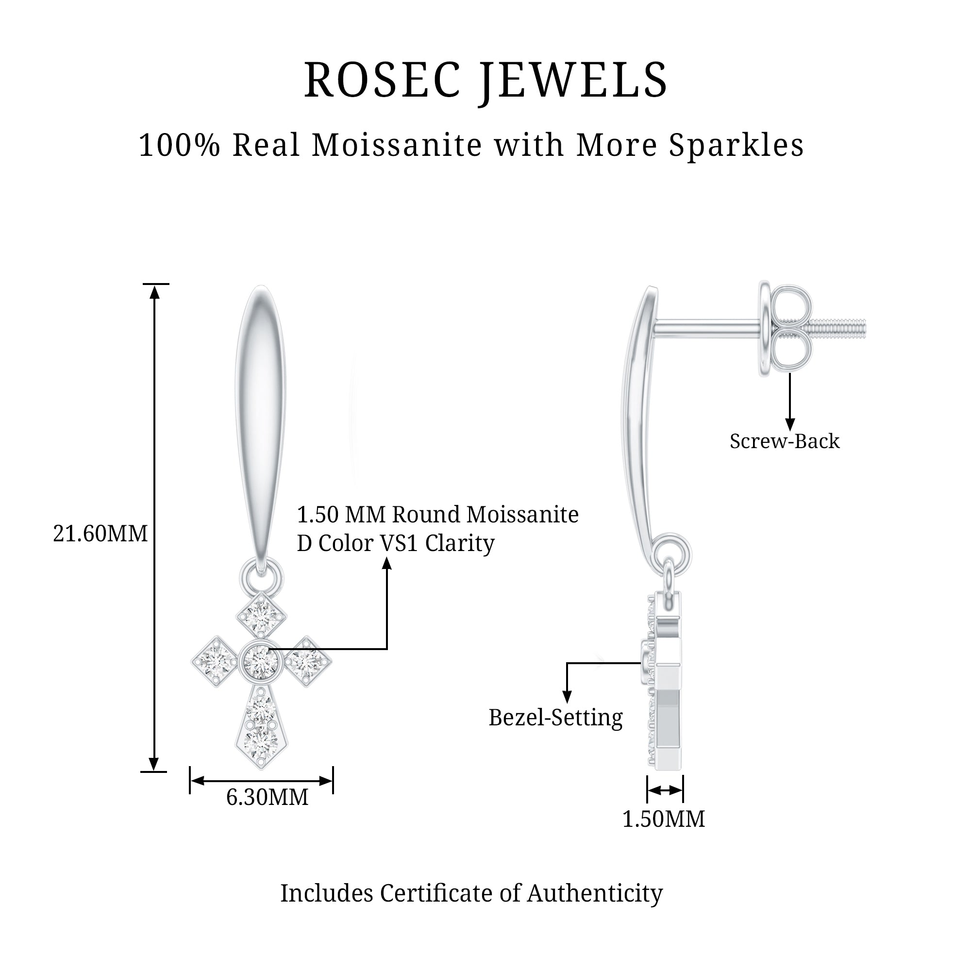 Minimalist Moissanite Cross Drop Earrings in Sterling Silver D-VS1 92.5 Sterling Silver - Rosec Jewels