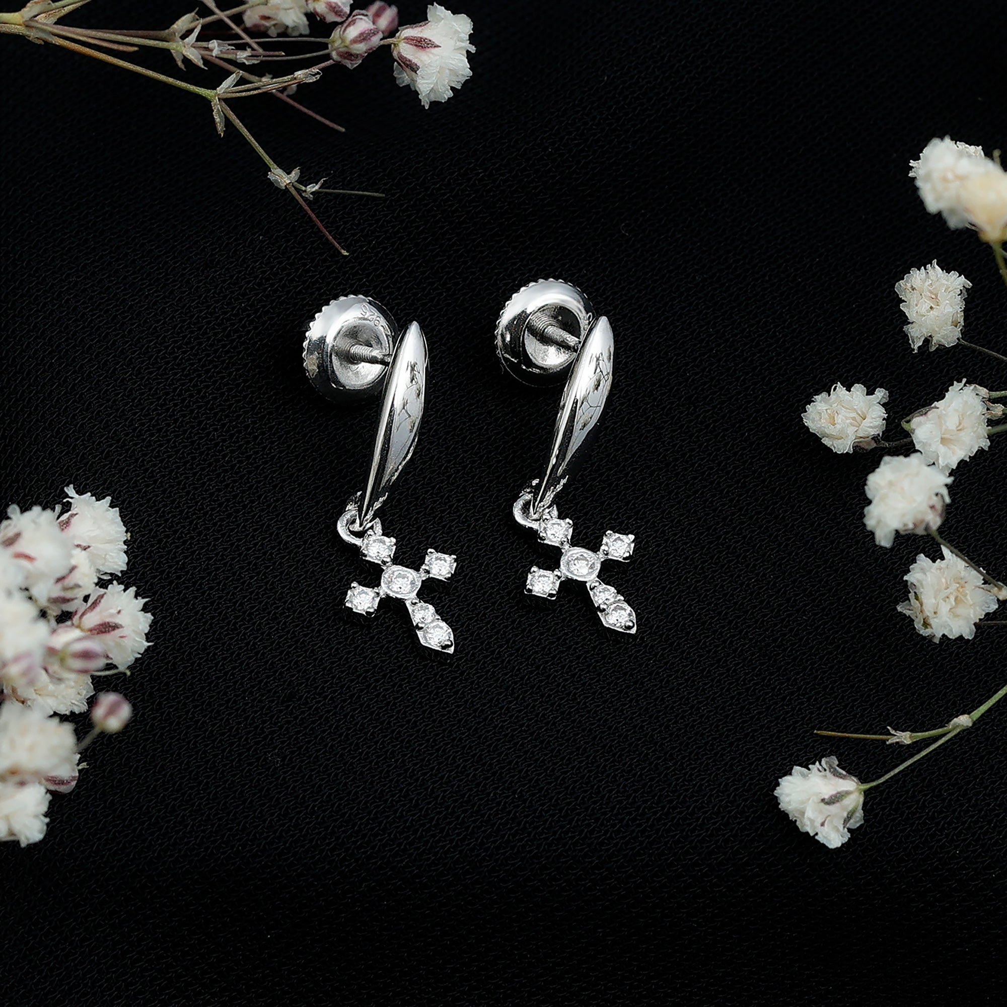 Minimalist Moissanite Cross Drop Earrings in Sterling Silver D-VS1 92.5 Sterling Silver - Rosec Jewels