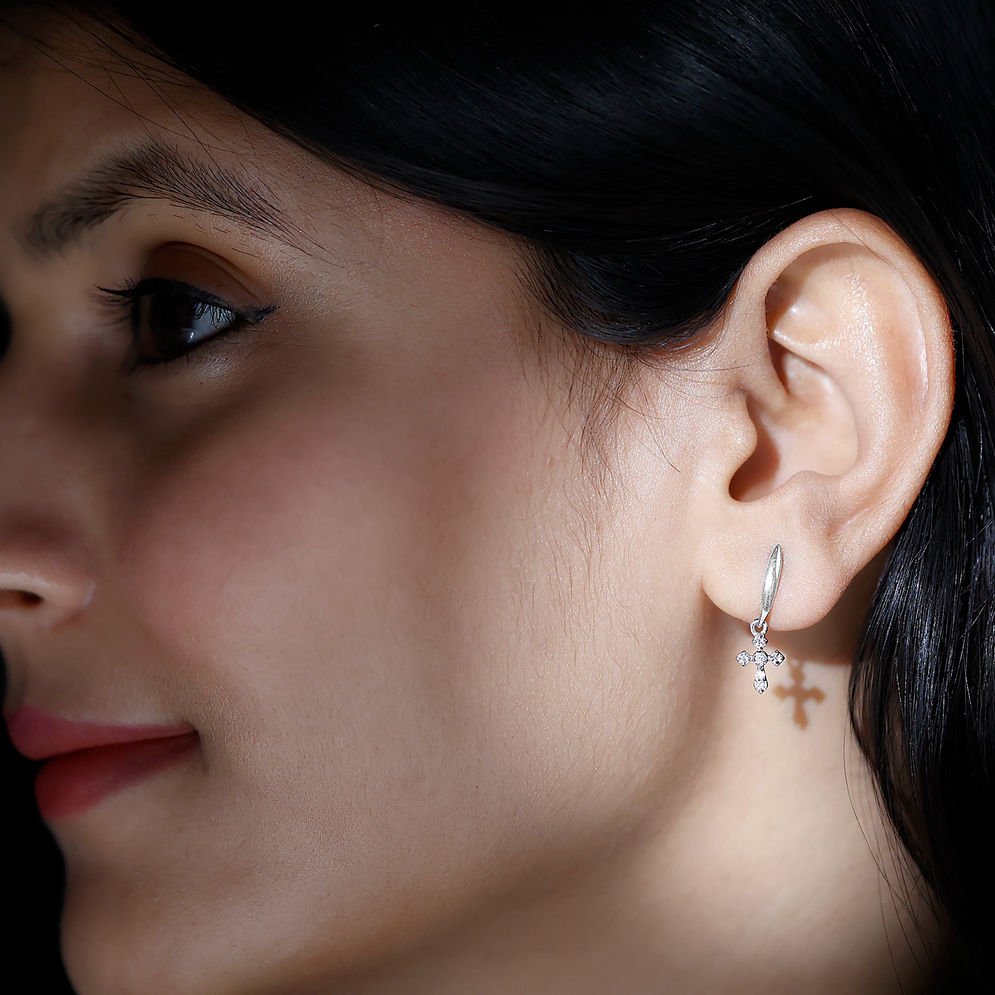 Minimalist Moissanite Cross Drop Earrings in Sterling Silver D-VS1 92.5 Sterling Silver - Rosec Jewels