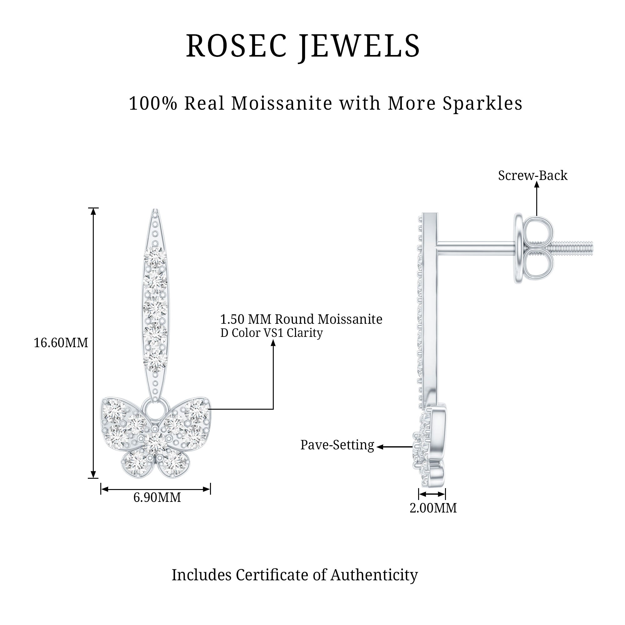 Certified Moissanite Butterfly Drop Earrings for Women D-VS1 92.5 Sterling Silver - Rosec Jewels