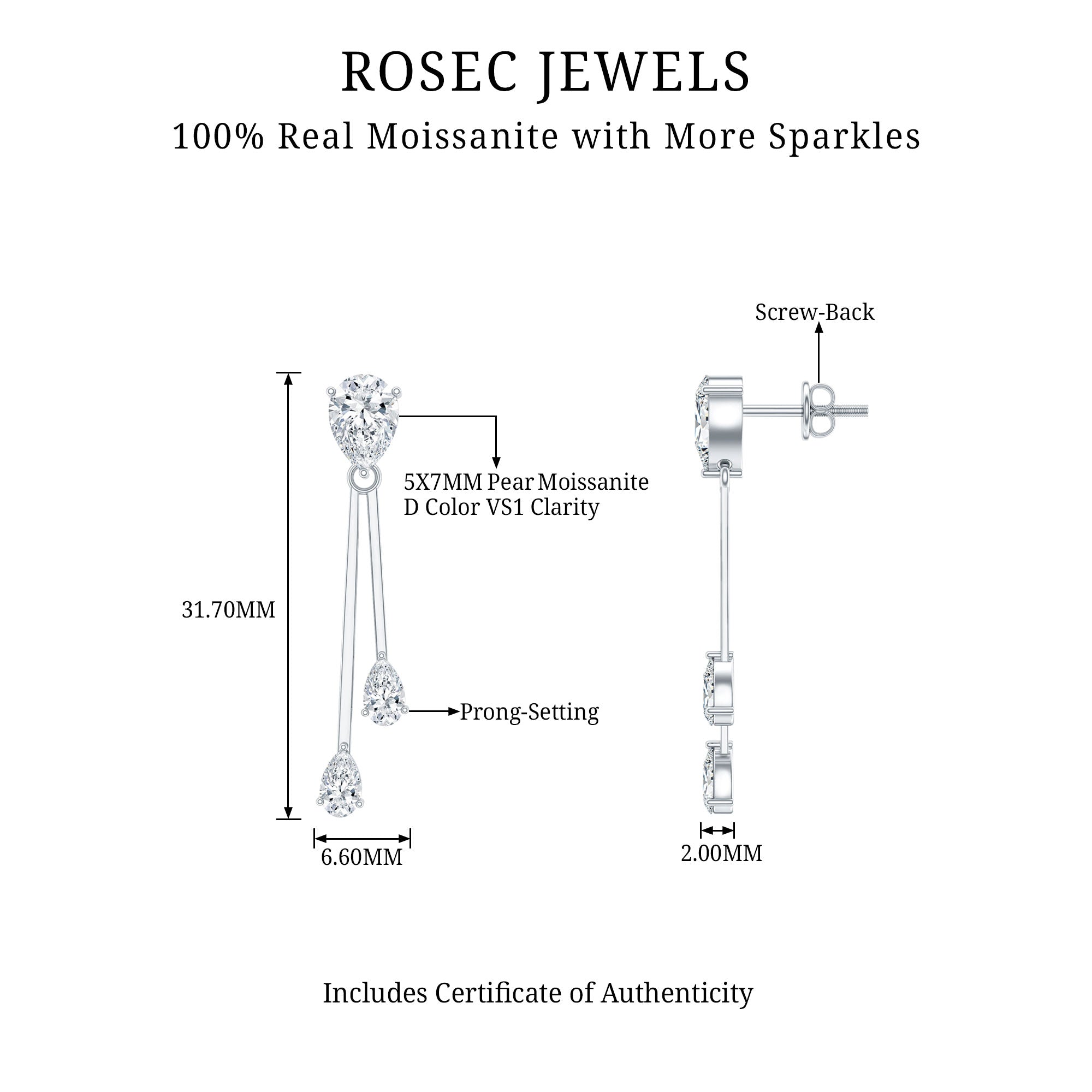 Certified Moissanite Bar Dangle Earrings in Sterling Silver D-VS1 92.5 Sterling Silver - Rosec Jewels