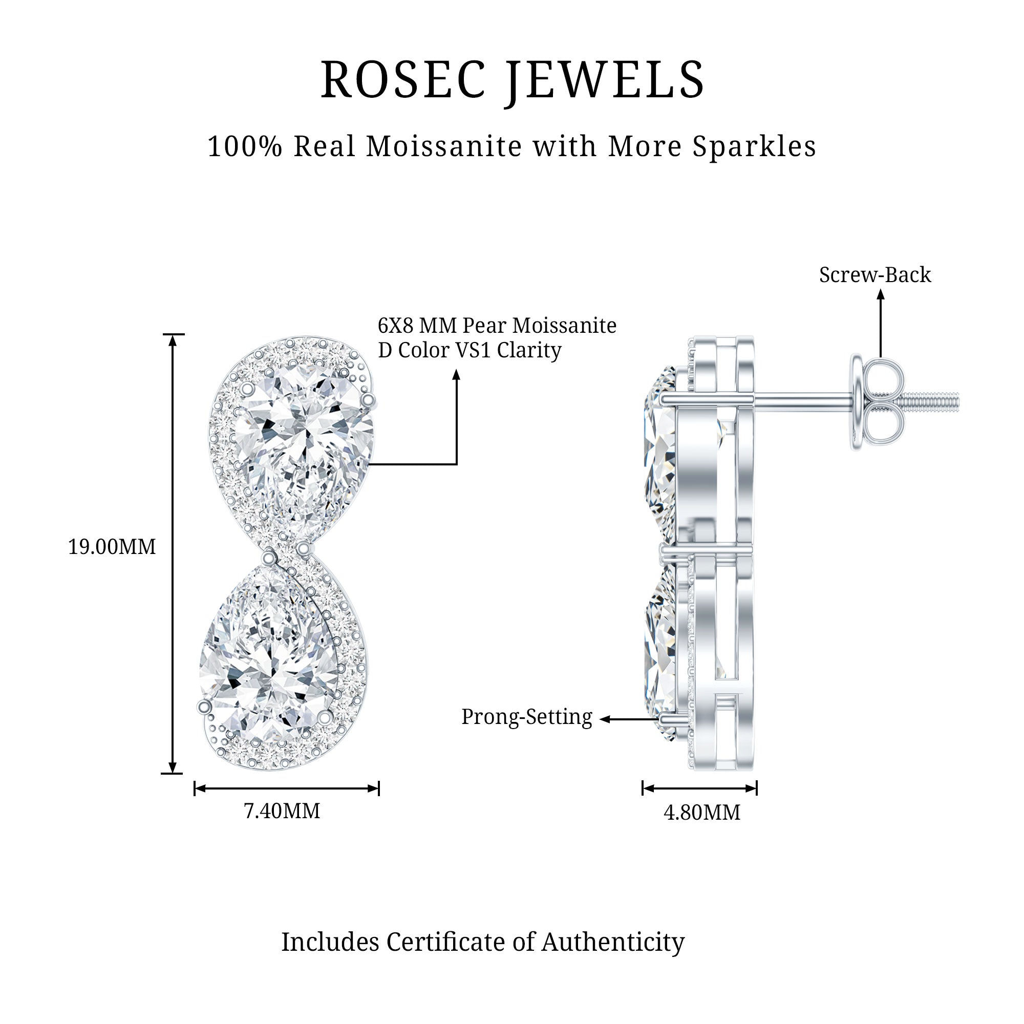 5 Carat Designer Moissanite Big Stud Earrings with Certificate D-VS1 92.5 Sterling Silver - Rosec Jewels