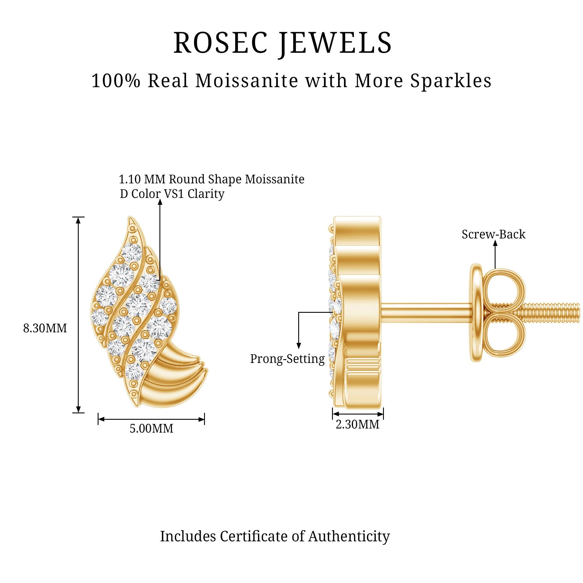 Contemporary Moissanite Leaf Stud Earrings in Silver D-VS1 92.5 Sterling Silver - Rosec Jewels