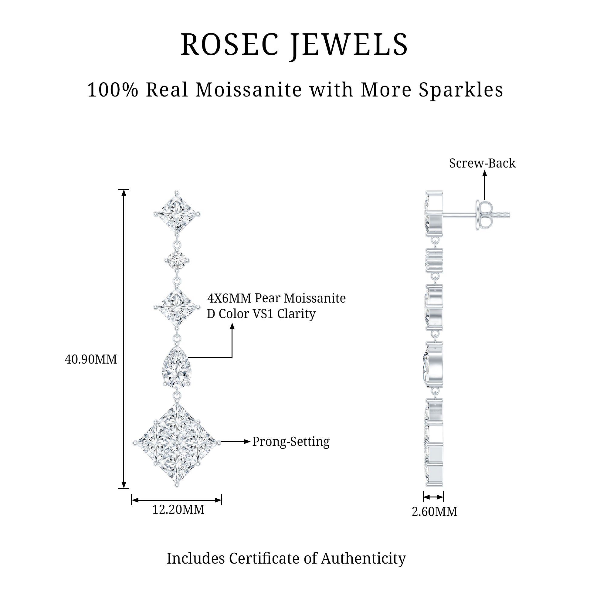 Certified Moissanite Wedding Dangle Earrings for Women D-VS1 92.5 Sterling Silver - Rosec Jewels