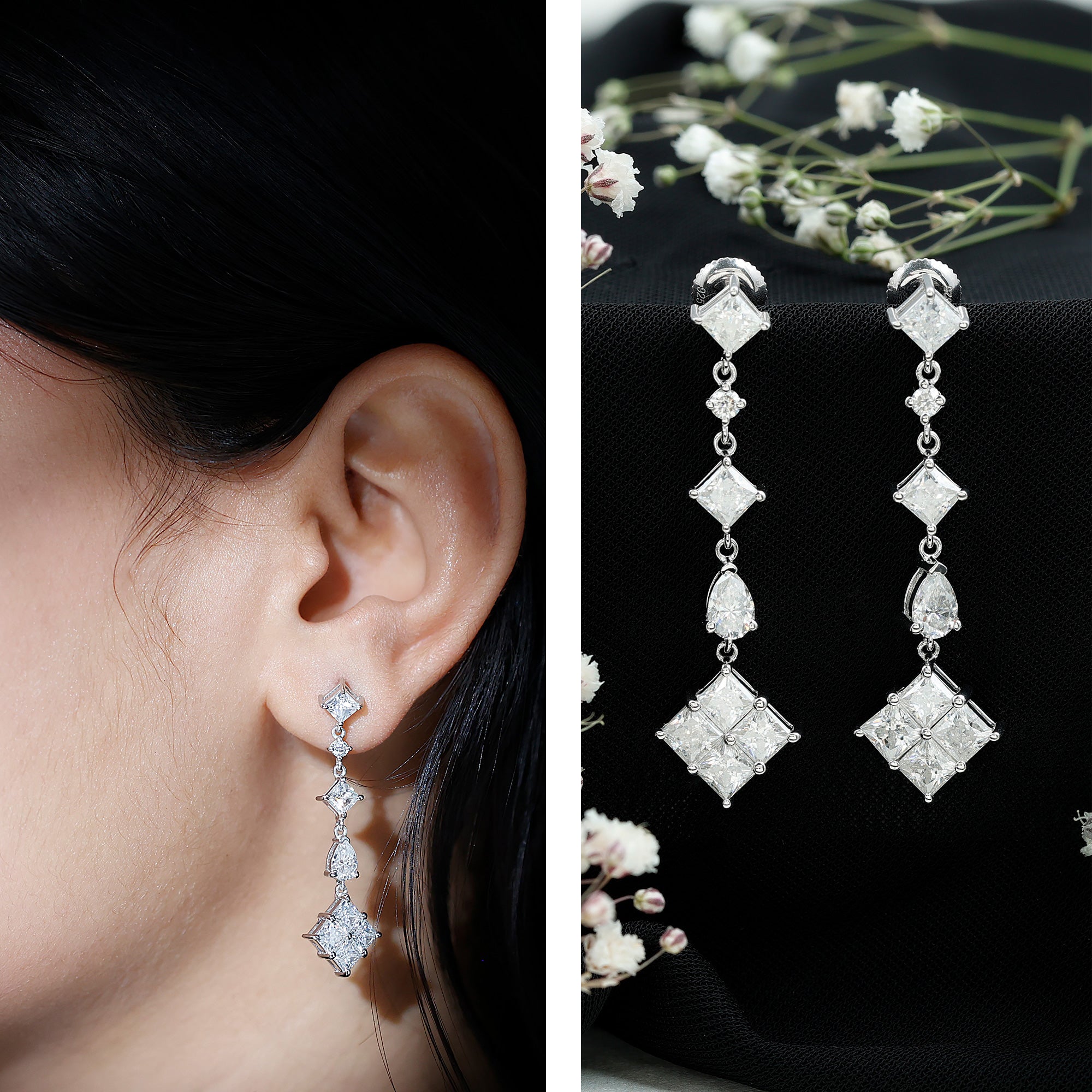 Certified Moissanite Wedding Dangle Earrings for Women D-VS1 92.5 Sterling Silver - Rosec Jewels