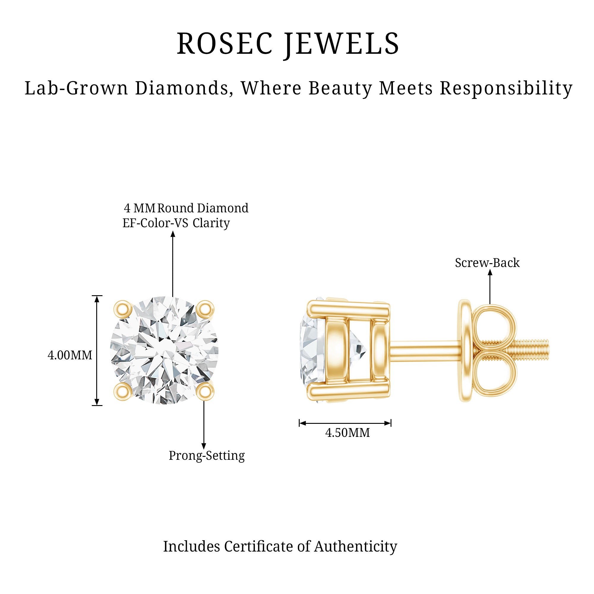 Brilliant Cut Diamond Stud Earrings in Prong Setting Lab - ( EF-VS ) - Rosec Jewels