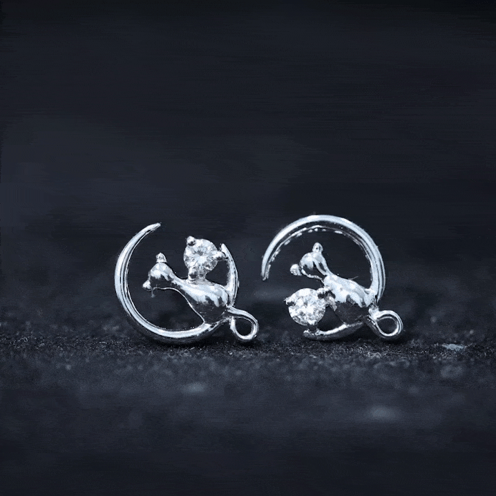 Diamond Cat Moon Stud Earrings for Women Lab - ( EF-VS ) - Rosec Jewels