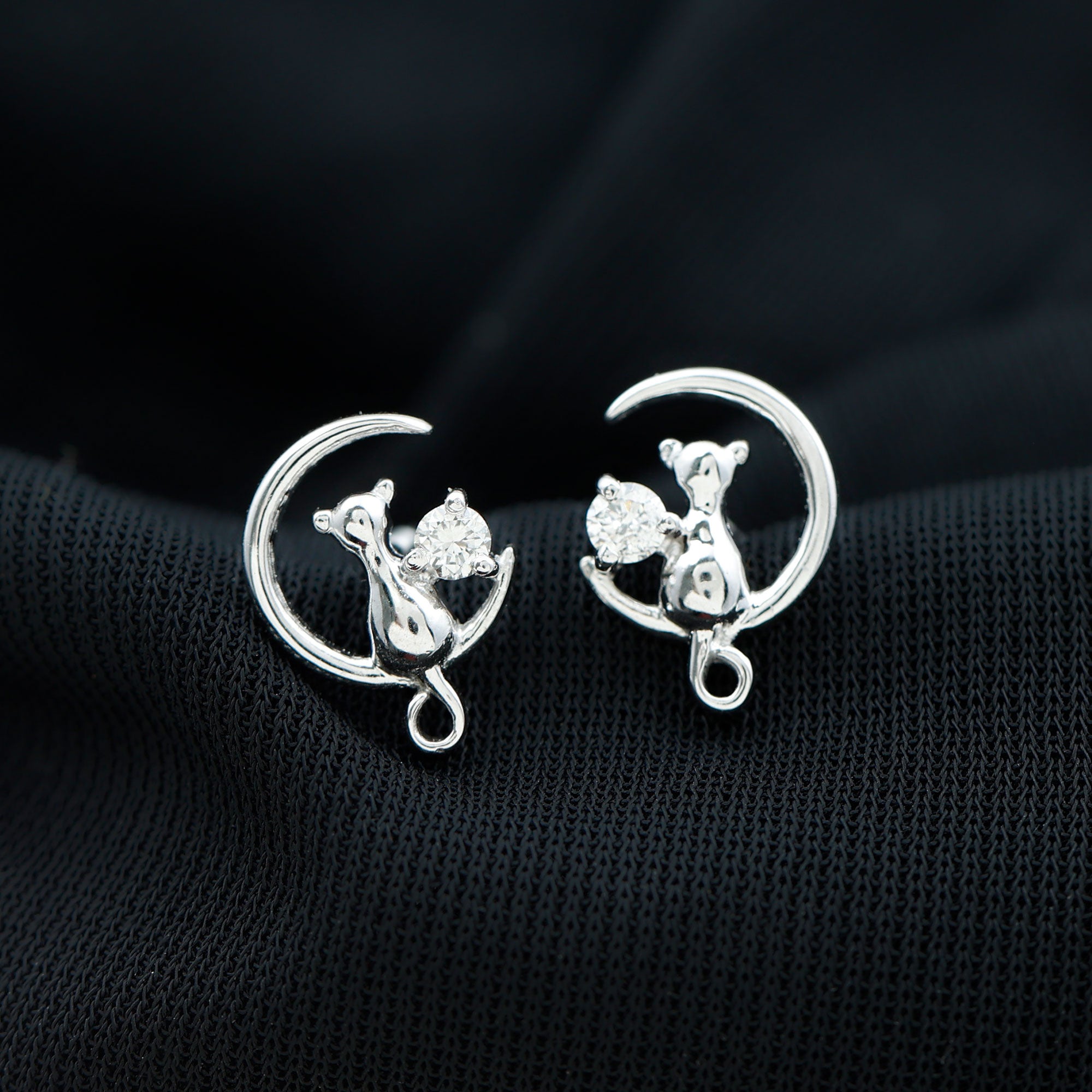 Rosec Jewels-Cat Moon Stud Earrings for Women with Diamond