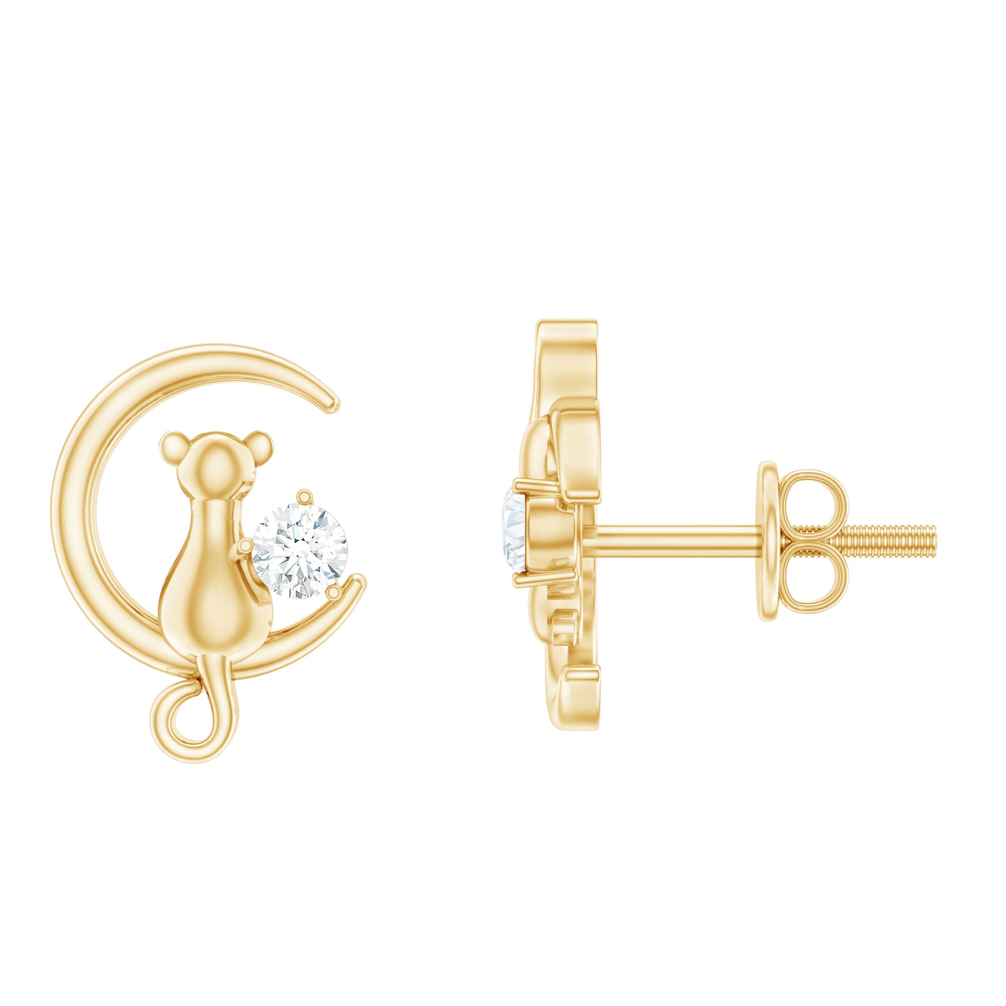 Rosec Jewels-Cat Moon Stud Earrings for Women with Diamond