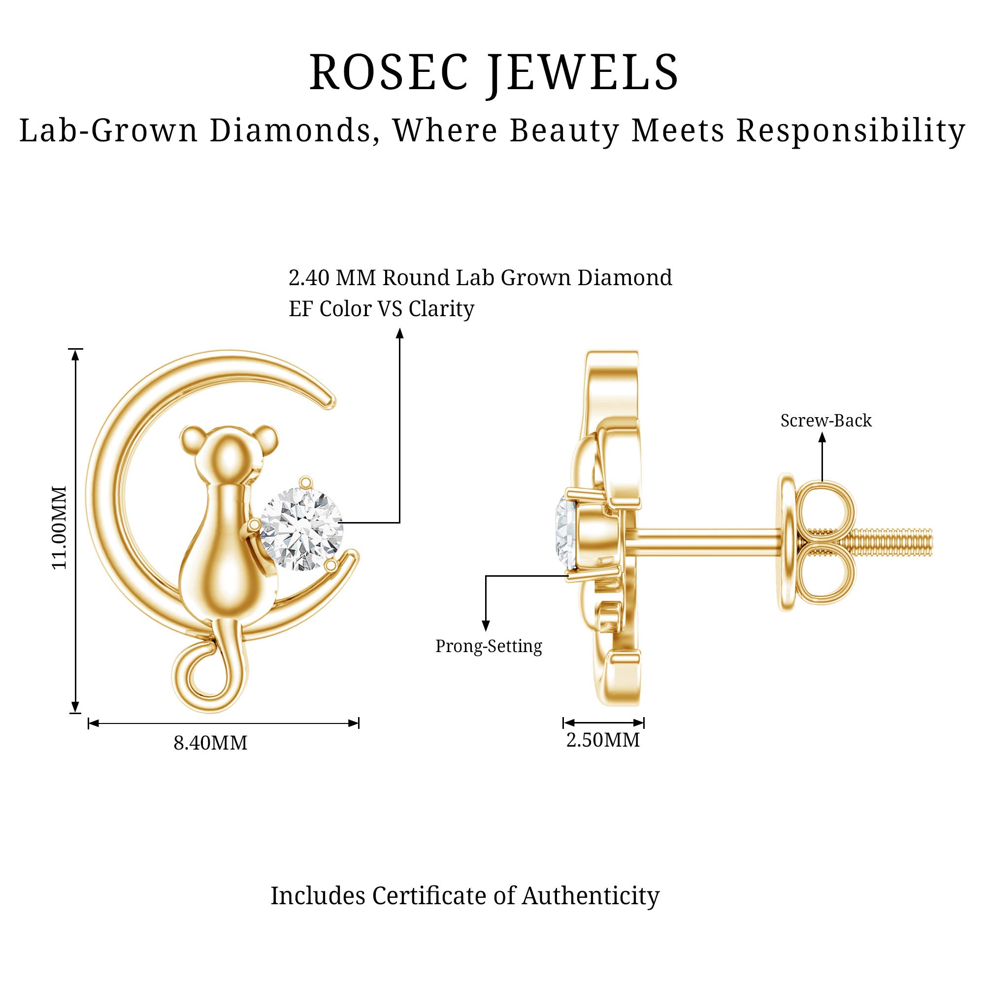 Diamond Cat Moon Stud Earrings for Women Lab - ( EF-VS ) - Rosec Jewels