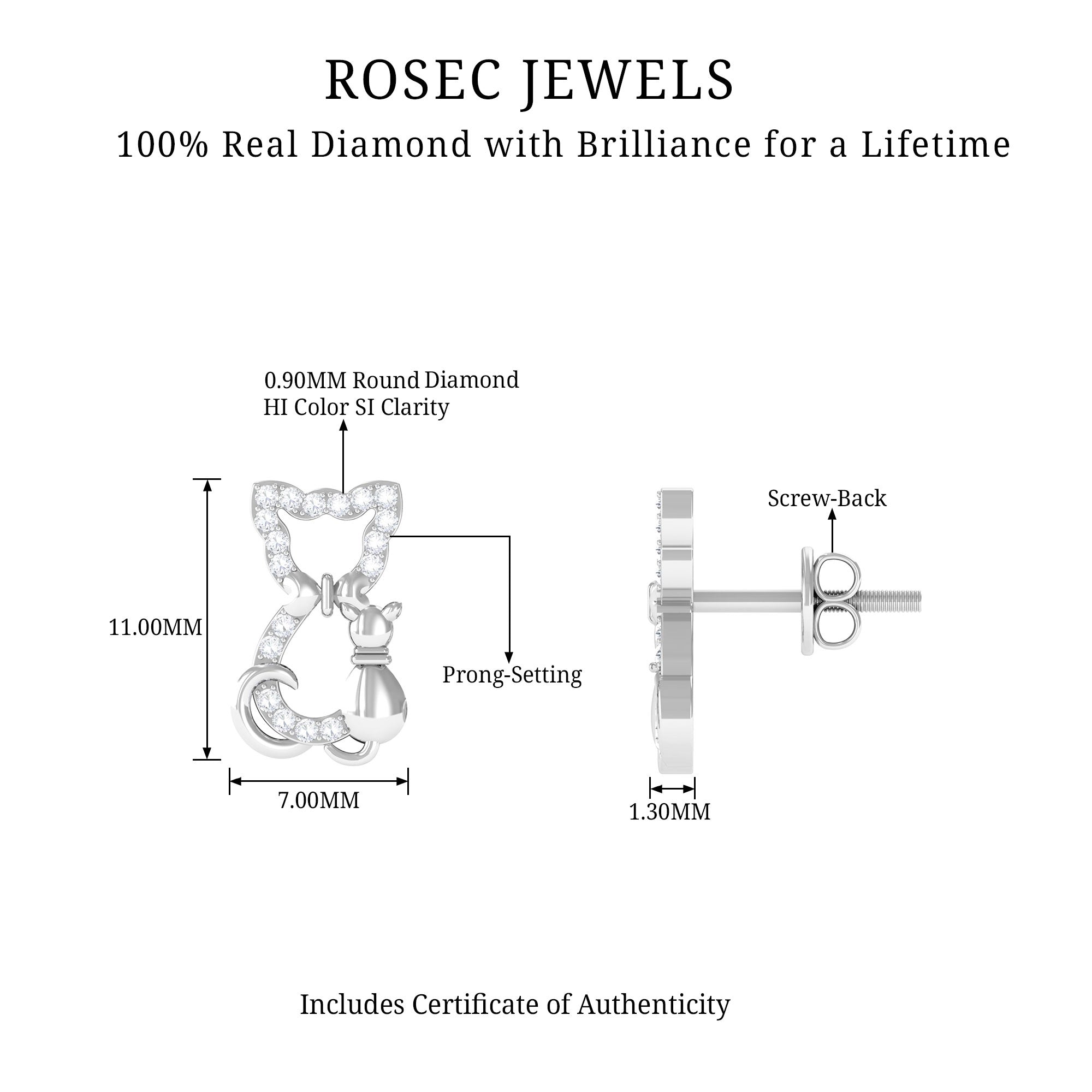 Certified Diamond Cat Stud Earrings Lab - ( EF-VS ) - Rosec Jewels