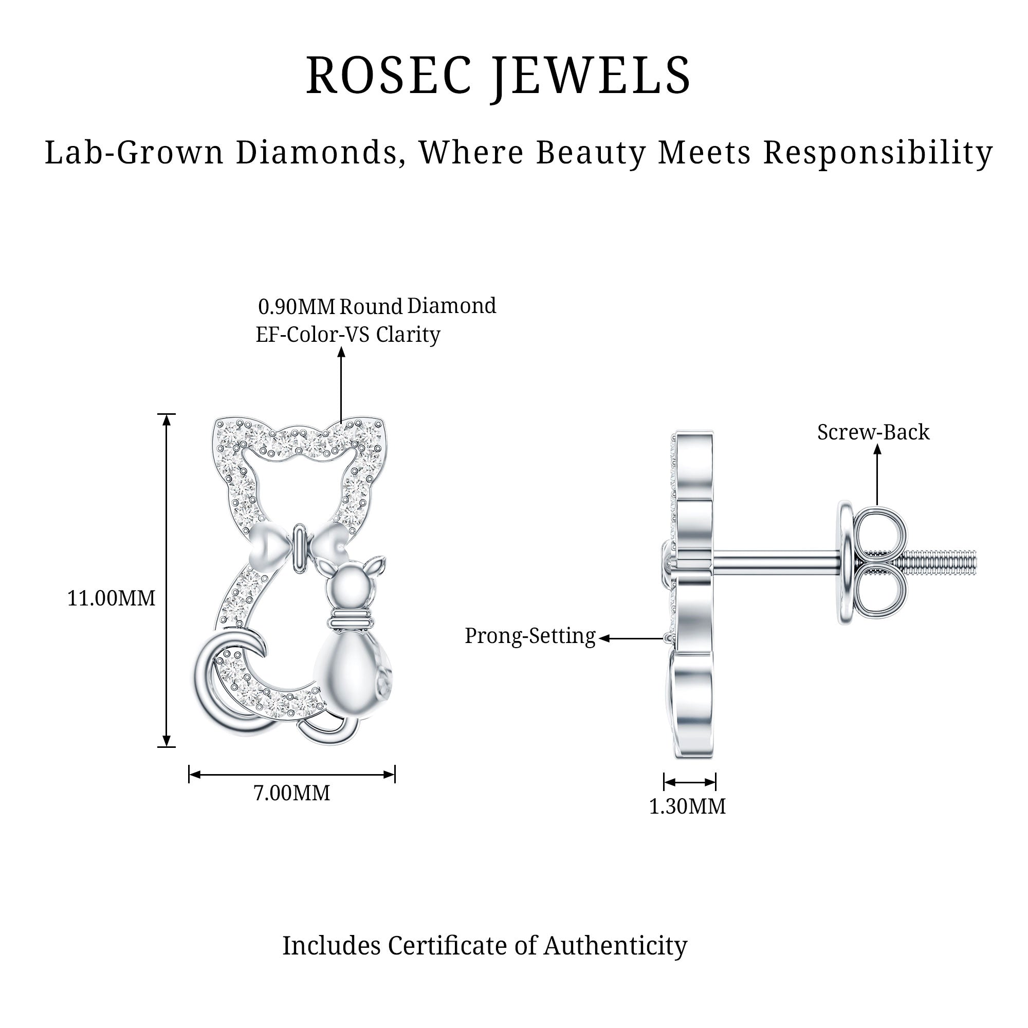 Certified Diamond Cat Stud Earrings Lab - ( EF-VS ) - Rosec Jewels