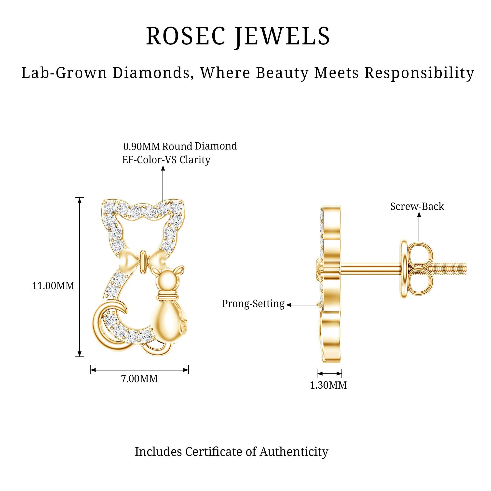 Certified Diamond Cat Stud Earrings Lab - ( EF-VS ) - Rosec Jewels