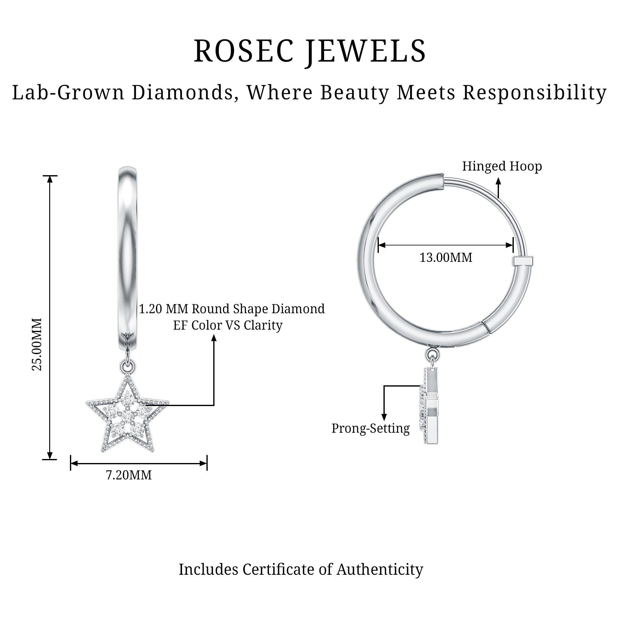 Diamond Star Drop Hoop Earrings Lab - ( EF-VS ) - Rosec Jewels