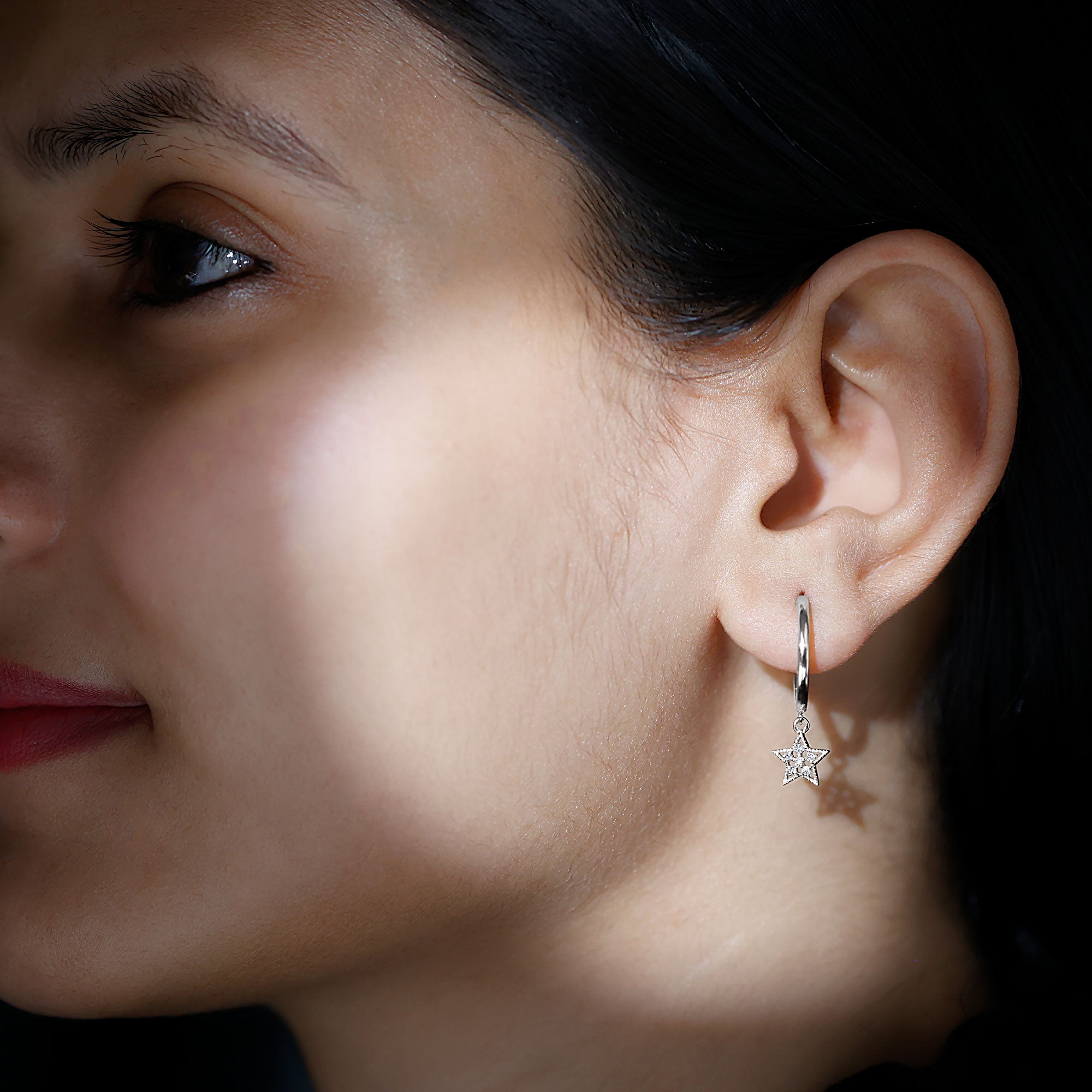 Diamond Star Drop Hoop Earrings Lab - ( EF-VS ) - Rosec Jewels