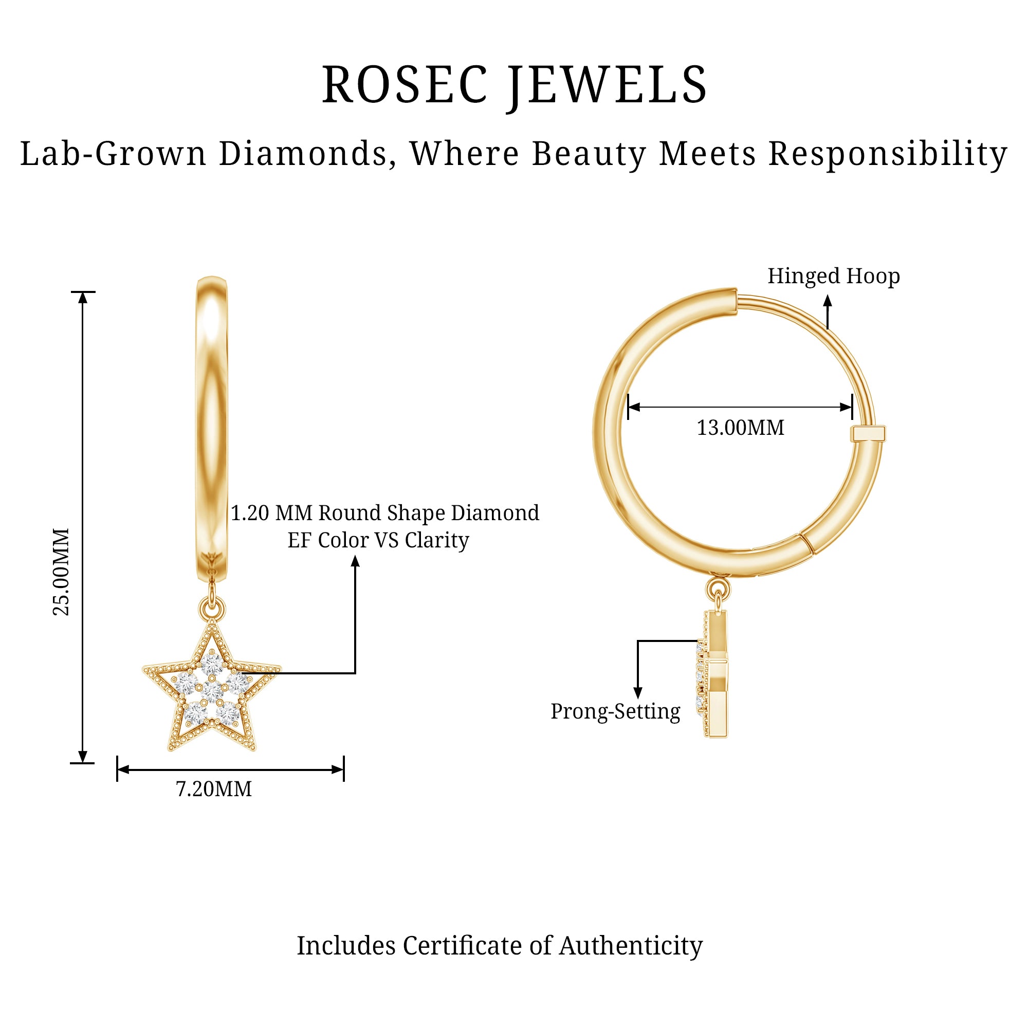 Diamond Star Drop Hoop Earrings Lab - ( EF-VS ) - Rosec Jewels