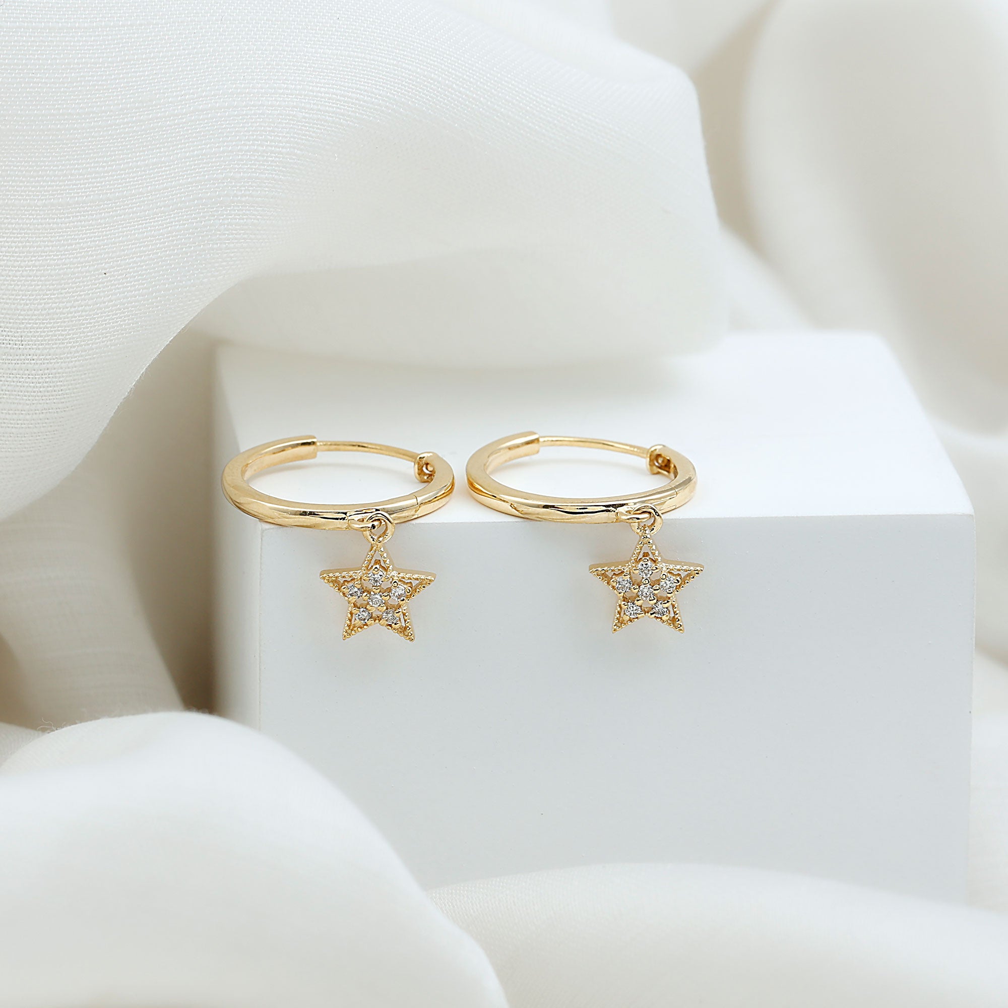Diamond Star Drop Hoop Earrings Lab - ( EF-VS ) - Rosec Jewels
