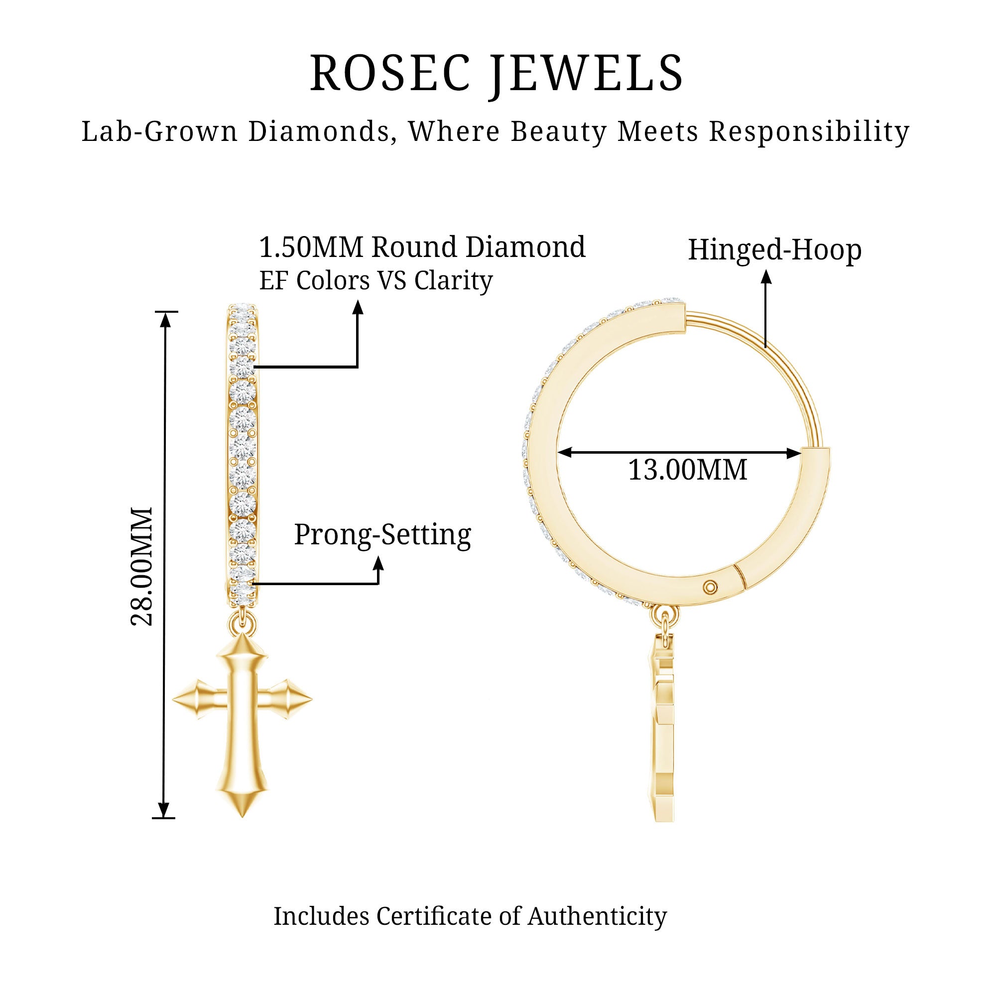 Certified Diamond Cross Drop Hoop Earrings Lab - ( EF-VS ) - Rosec Jewels