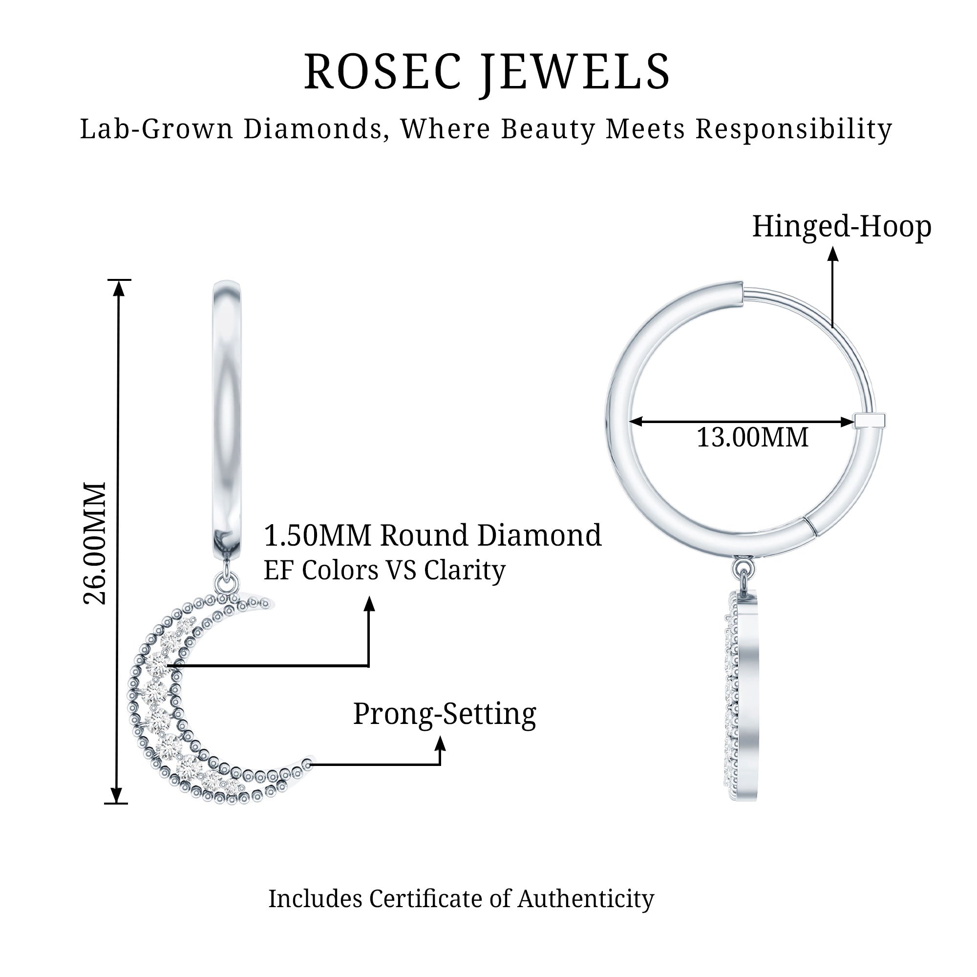 Certified Diamond Moon Drop Hoop Earrings Lab - ( EF-VS ) - Rosec Jewels