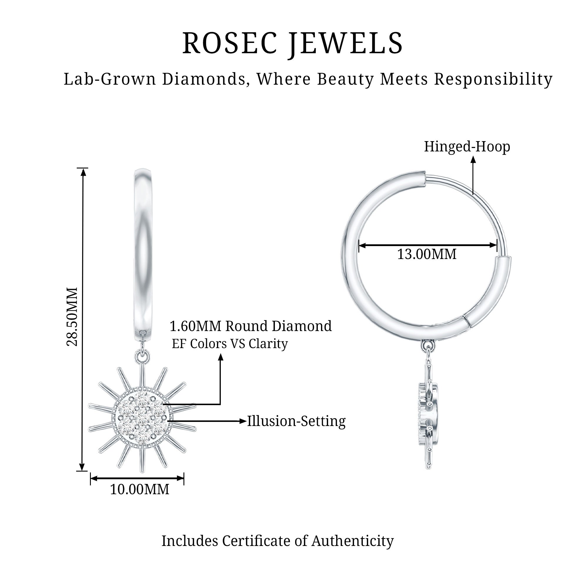 Certified Diamond Sunburst Hoop Earrings Lab - ( EF-VS ) - Rosec Jewels