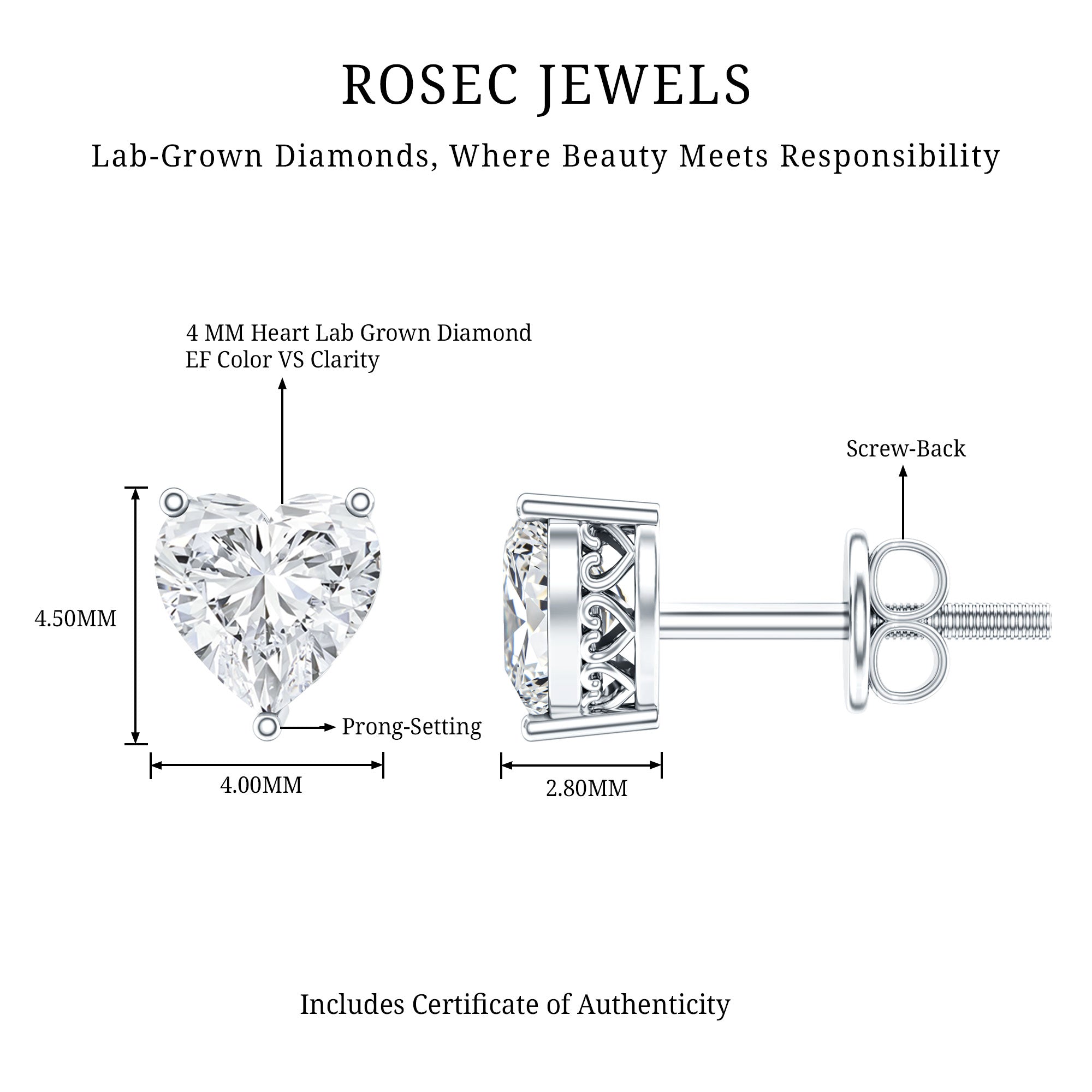 Certified Real Diamond Heart Shaped Earrings with Screw Back Lab - ( EF-VS ) - Rosec Jewels